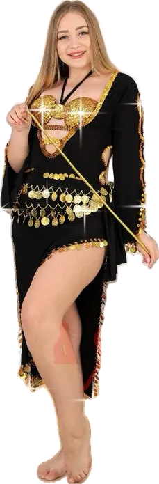 A model wearing an Egyptian belly dance costume with bra-like straps and embellishments, predominantly in black with some gold and multicolor details.