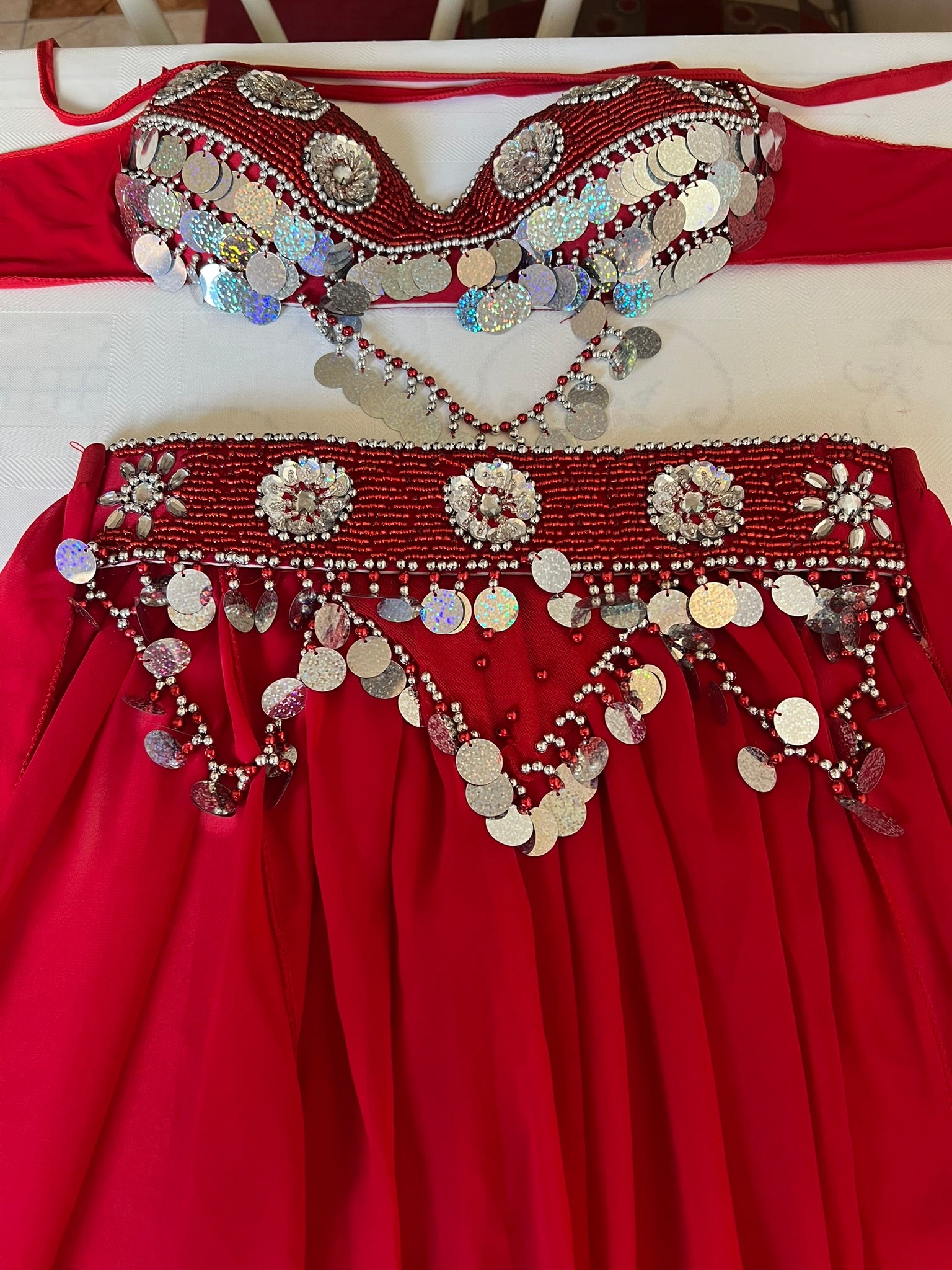Egyptian Belly Dance Costume – Saidi Style Folklore Outfit with Handmade Embroidery, Bra & Chiffon Skirt