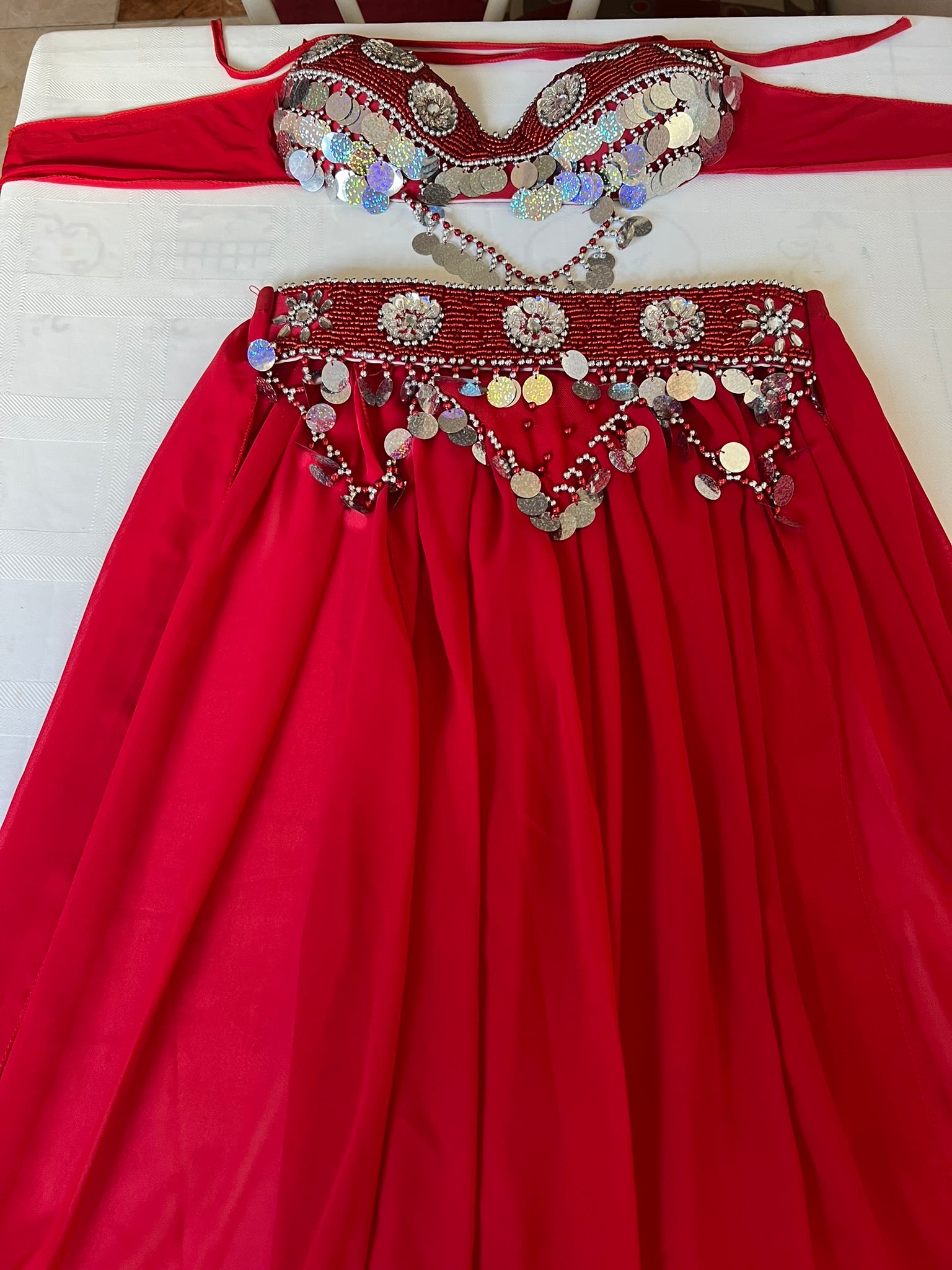 Egyptian Belly Dance Costume – Saidi Style Folklore Outfit with Handmade Embroidery, Bra & Chiffon Skirt
