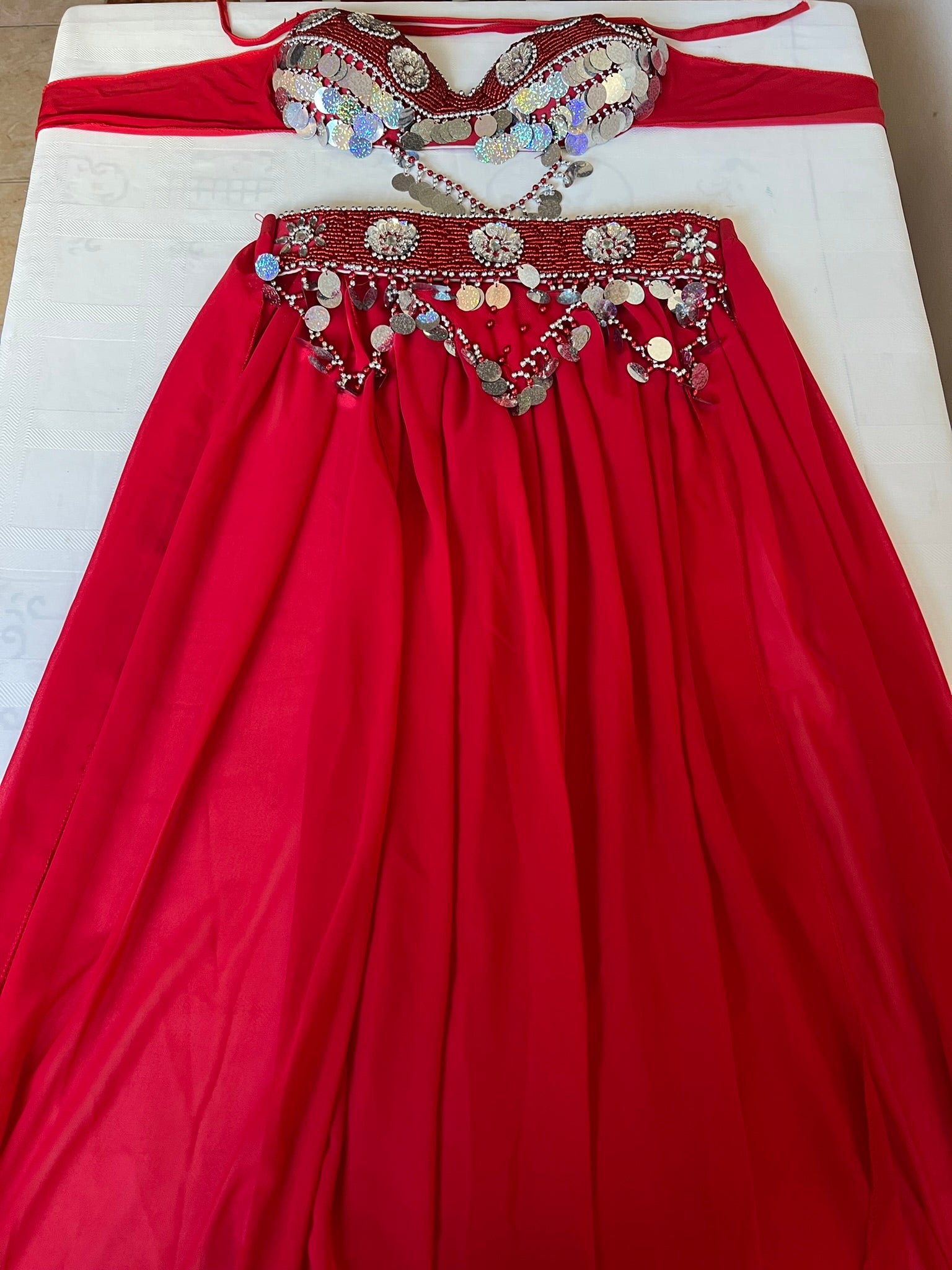 Egyptian Belly Dance Costume – Saidi Style Folklore Outfit with Handmade Embroidery, Bra & Chiffon Skirt