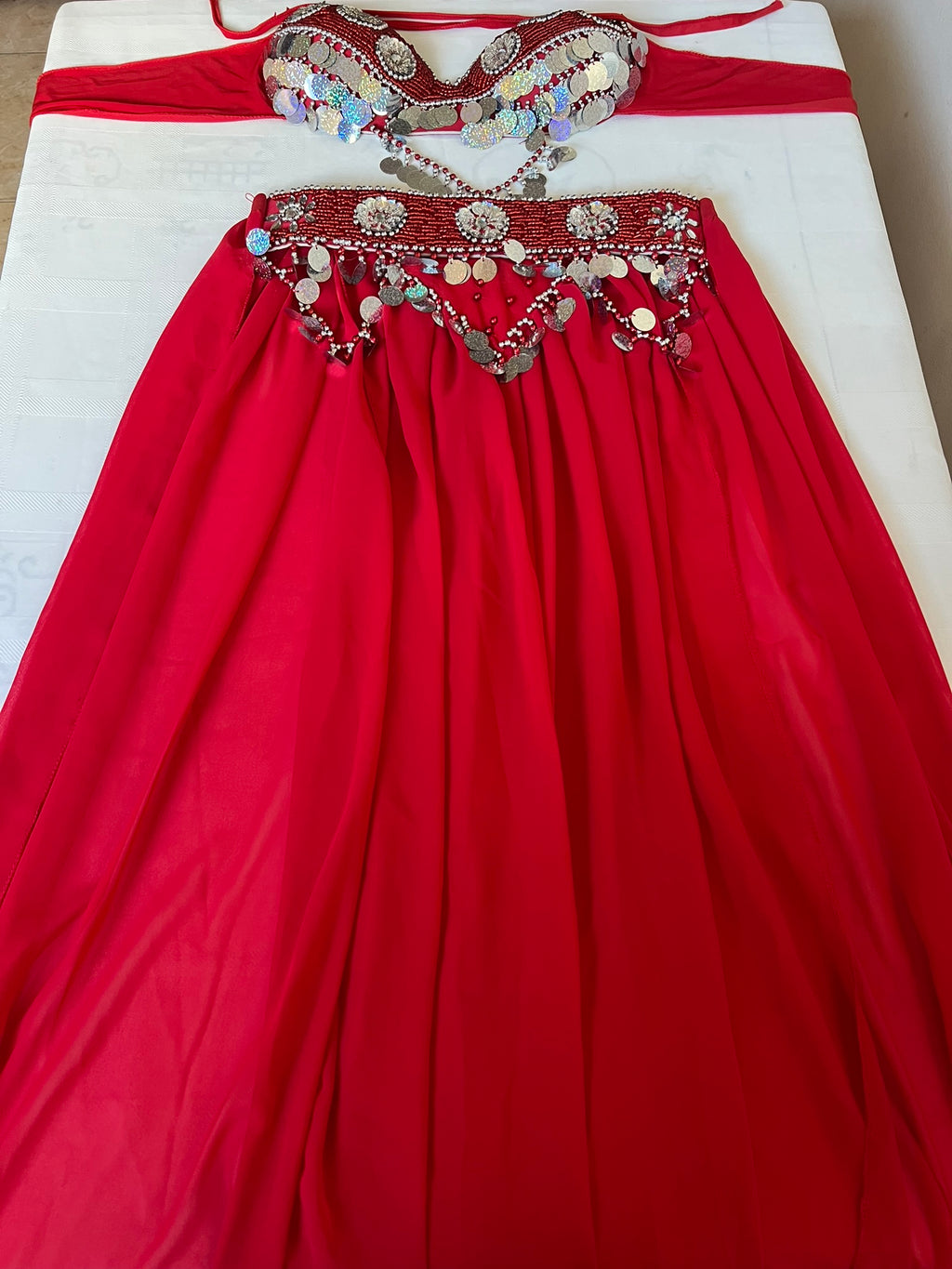 Egyptian Belly Dance Costume – Saidi Style Folklore Outfit with Handmade Embroidery, Bra & Chiffon Skirt
