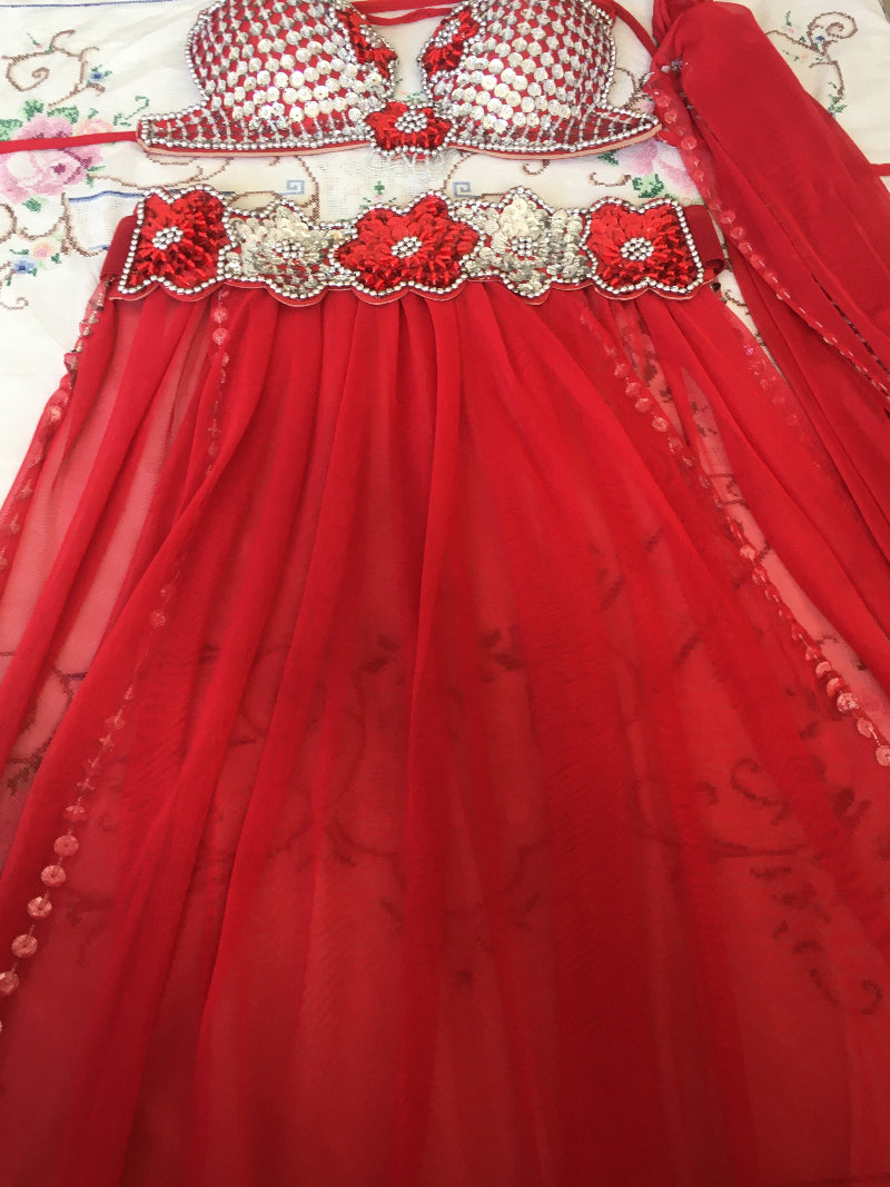 A red professional belly dance costume with embellishments, including a bra, belt, and attached skirt, displayed against a white background.