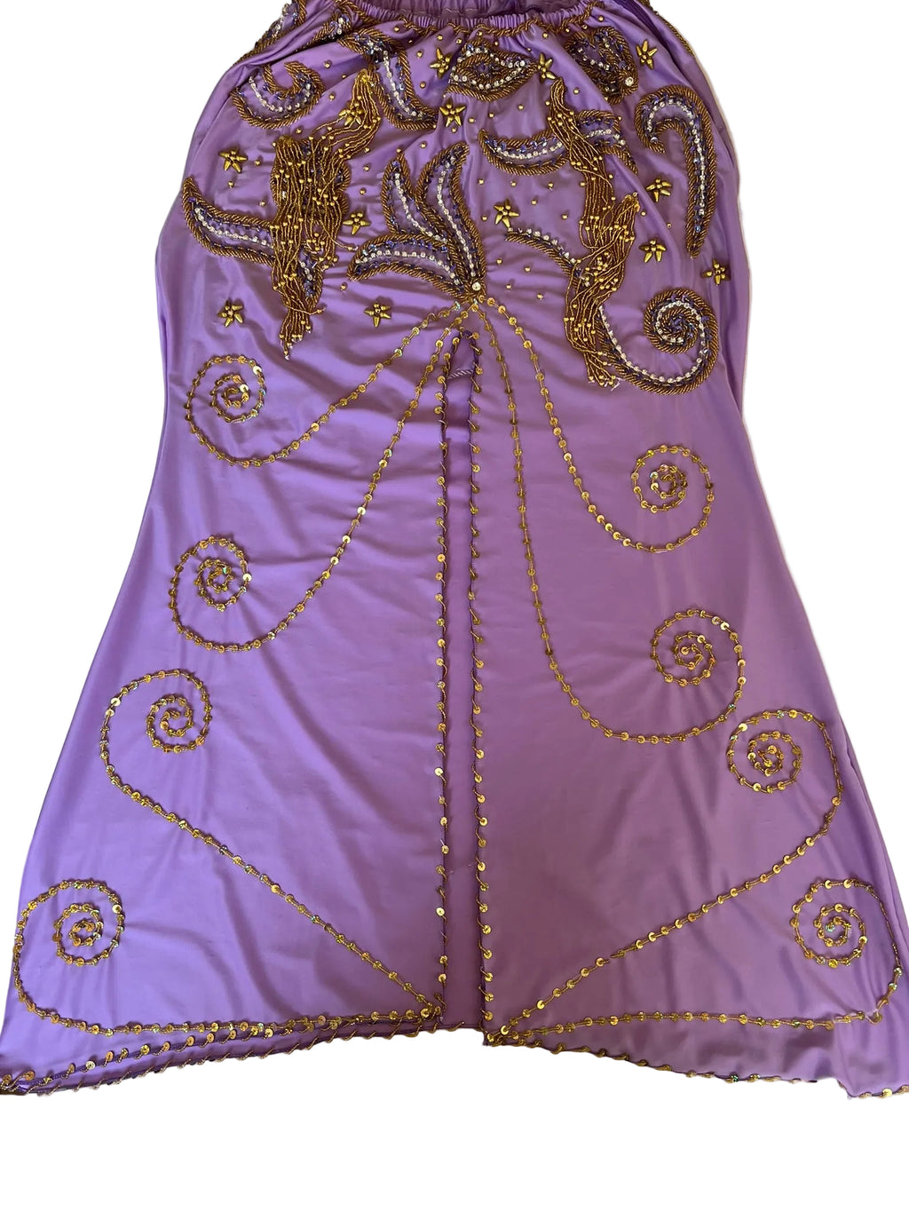 Purple dress with gold embroidery on a white background