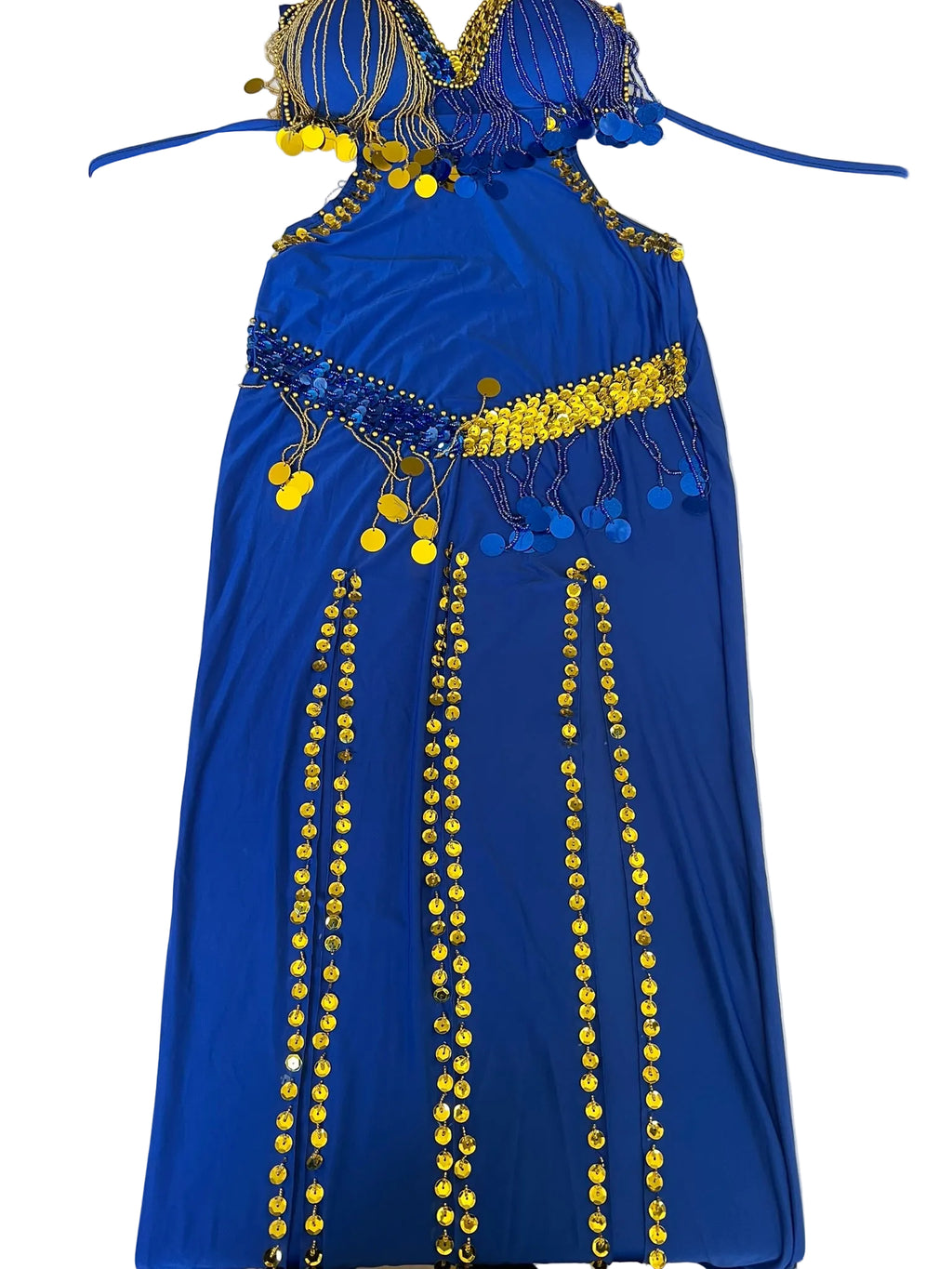 A blue belly dance costume with black stitched patterns and yellow beaded embellishments laid flat.