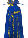 A blue belly dance costume with black stitched patterns and yellow beaded embellishments laid flat.