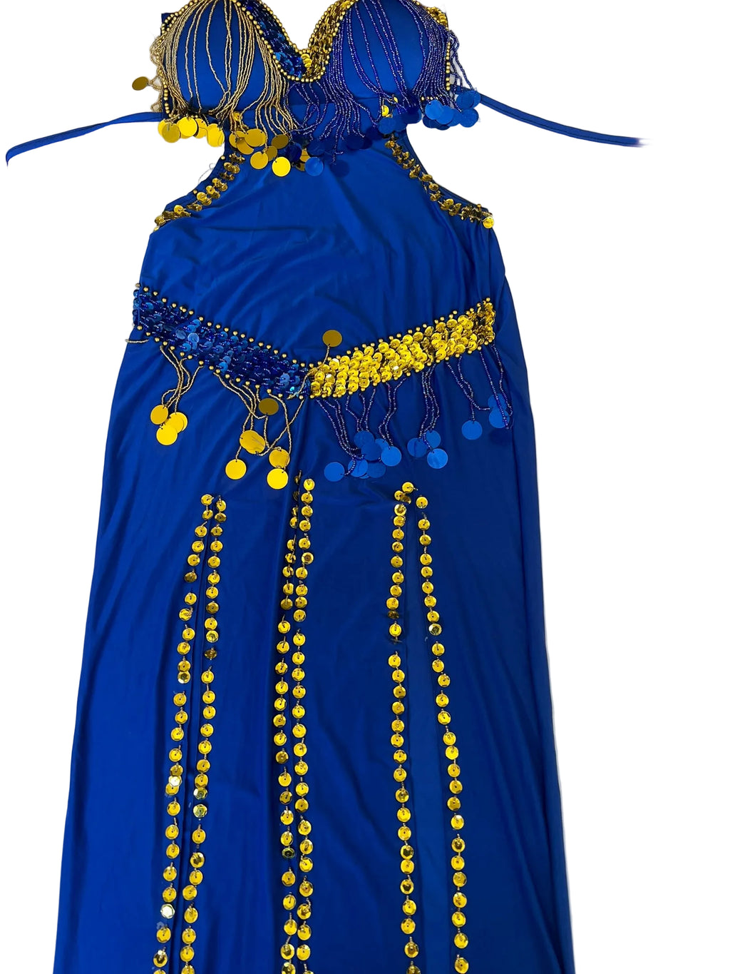 Blue and yellow costume with intricate detailing on a white background