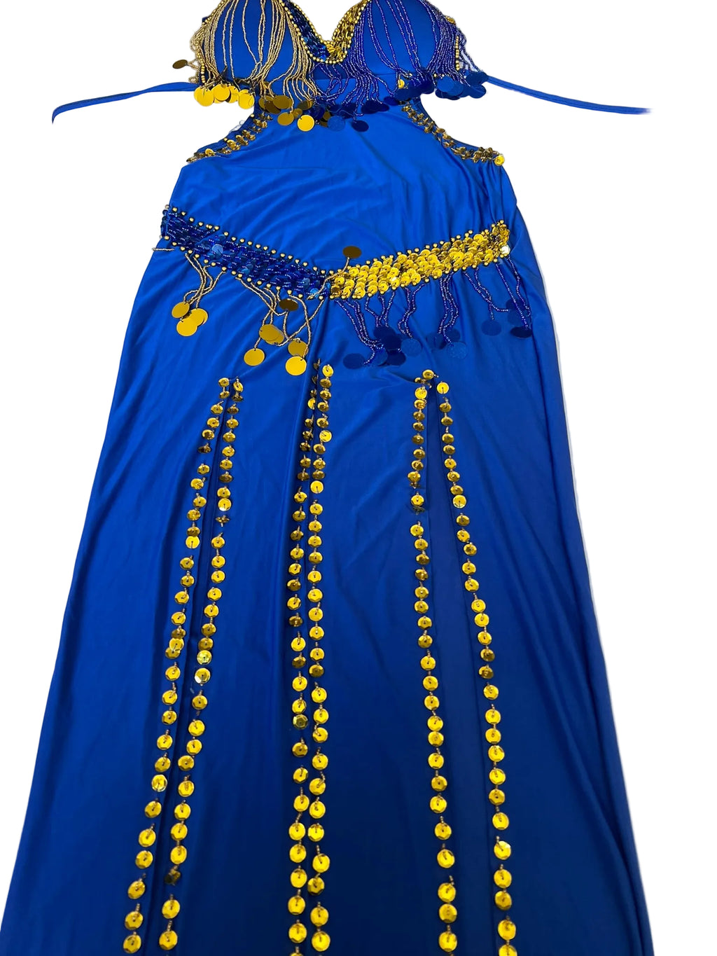 Blue dress with yellow embellishments on a white background
