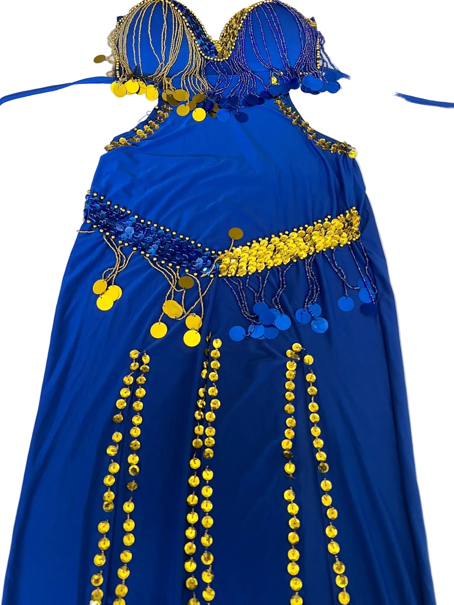 Blue costume with gold and yellow accents on a white background