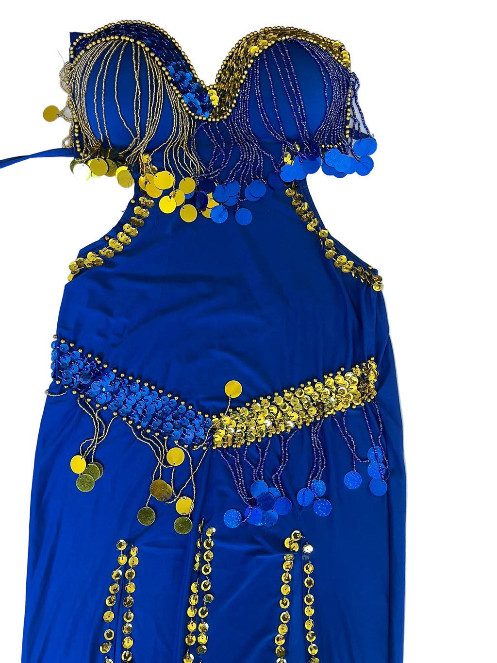 Blue dress with gold embellishments on a white background