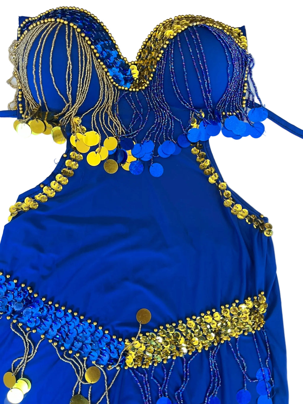 Blue costume with gold embellishments on a white background