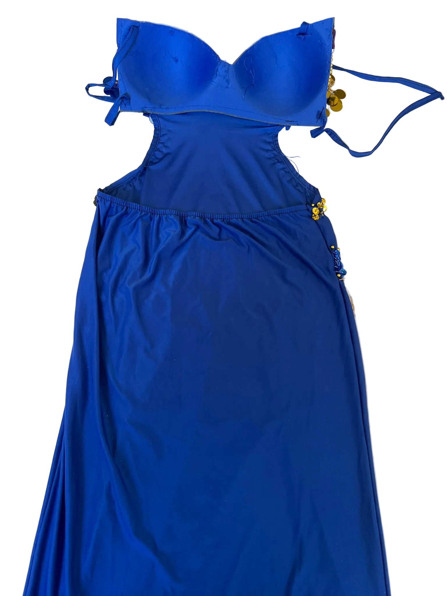 Blue strapless dress with a fitted bodice and flowing skirt on a white background