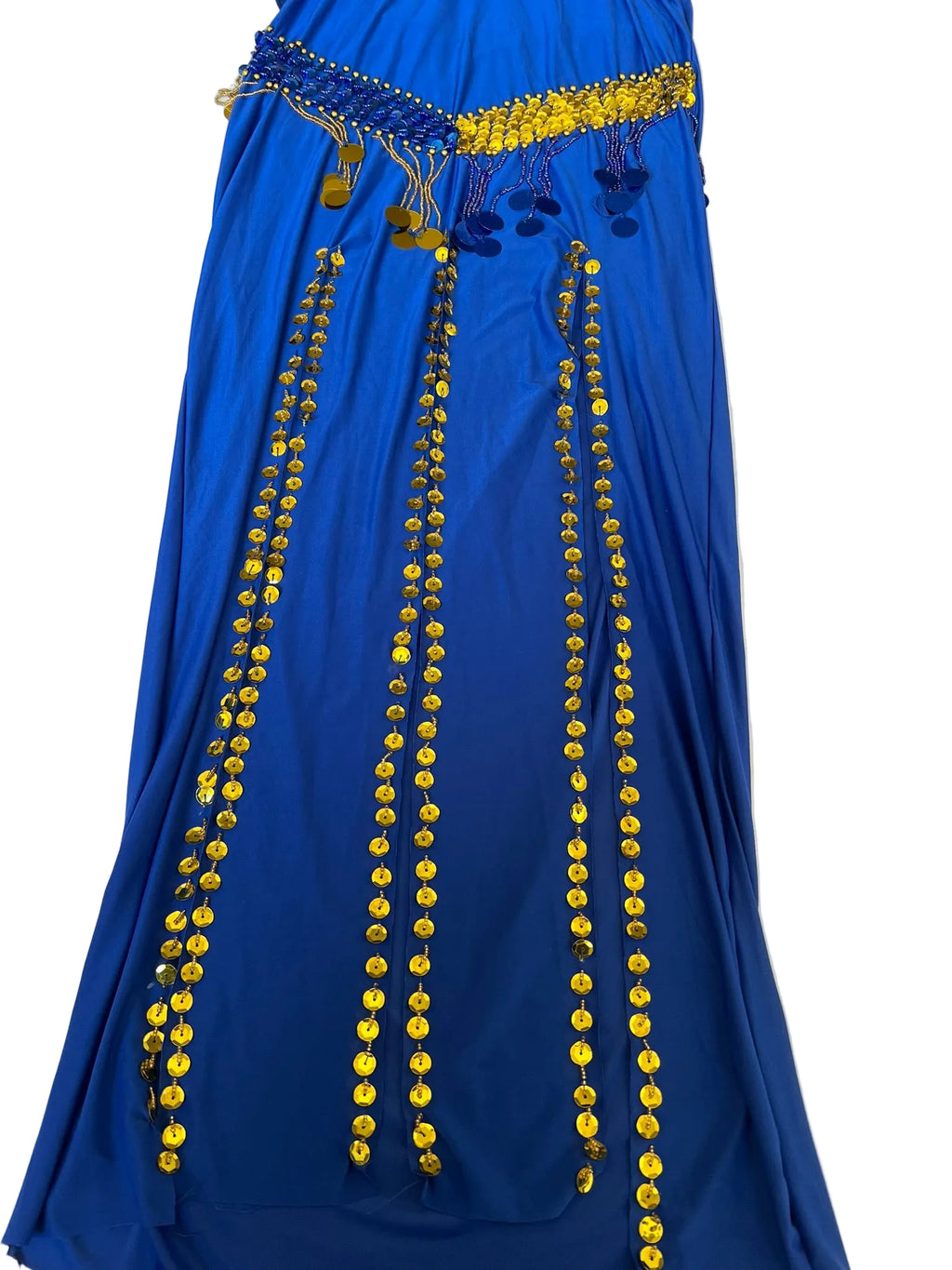 Blue dress with yellow bead detailing on a white background