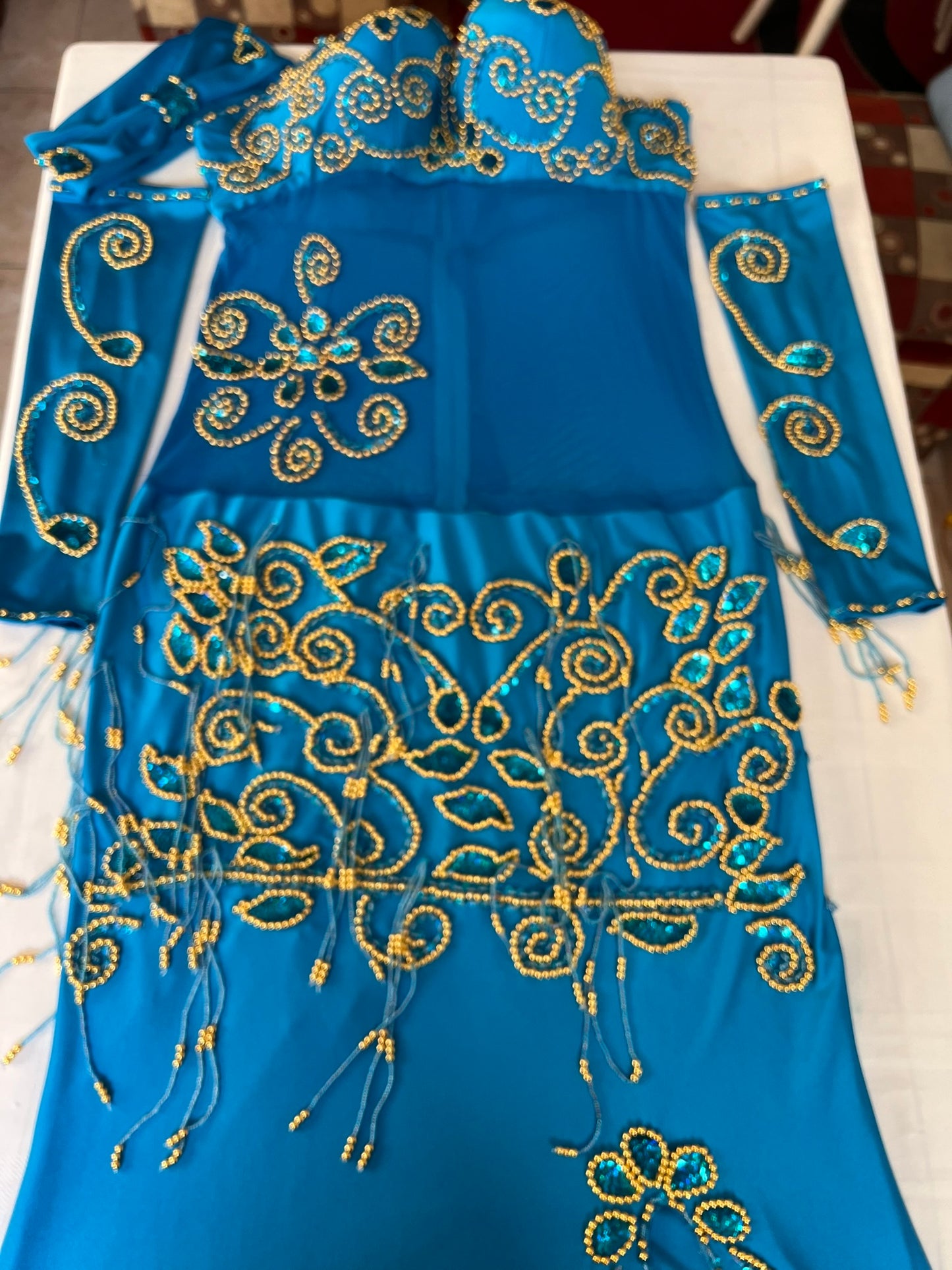 Egyptian professional belly dance dress, oriental dance outfit with arm pieces & head pieces, handmade stitched, made to order for any size.