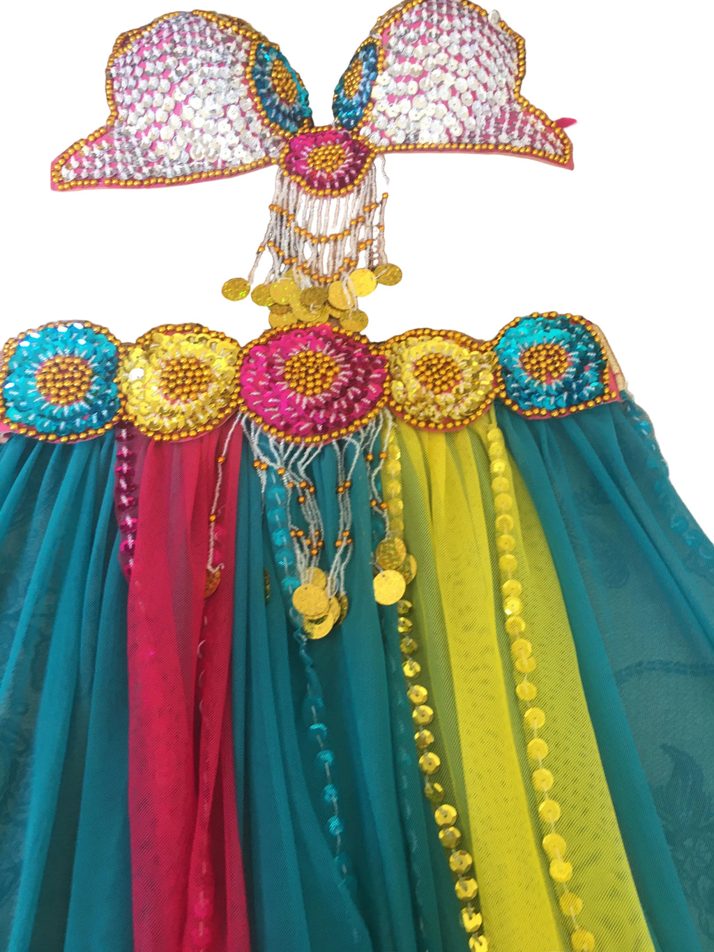 A multicolored professional belly dance costume with a bra, belt, and attached skirt, featuring handmade embroidery and bright color accents.