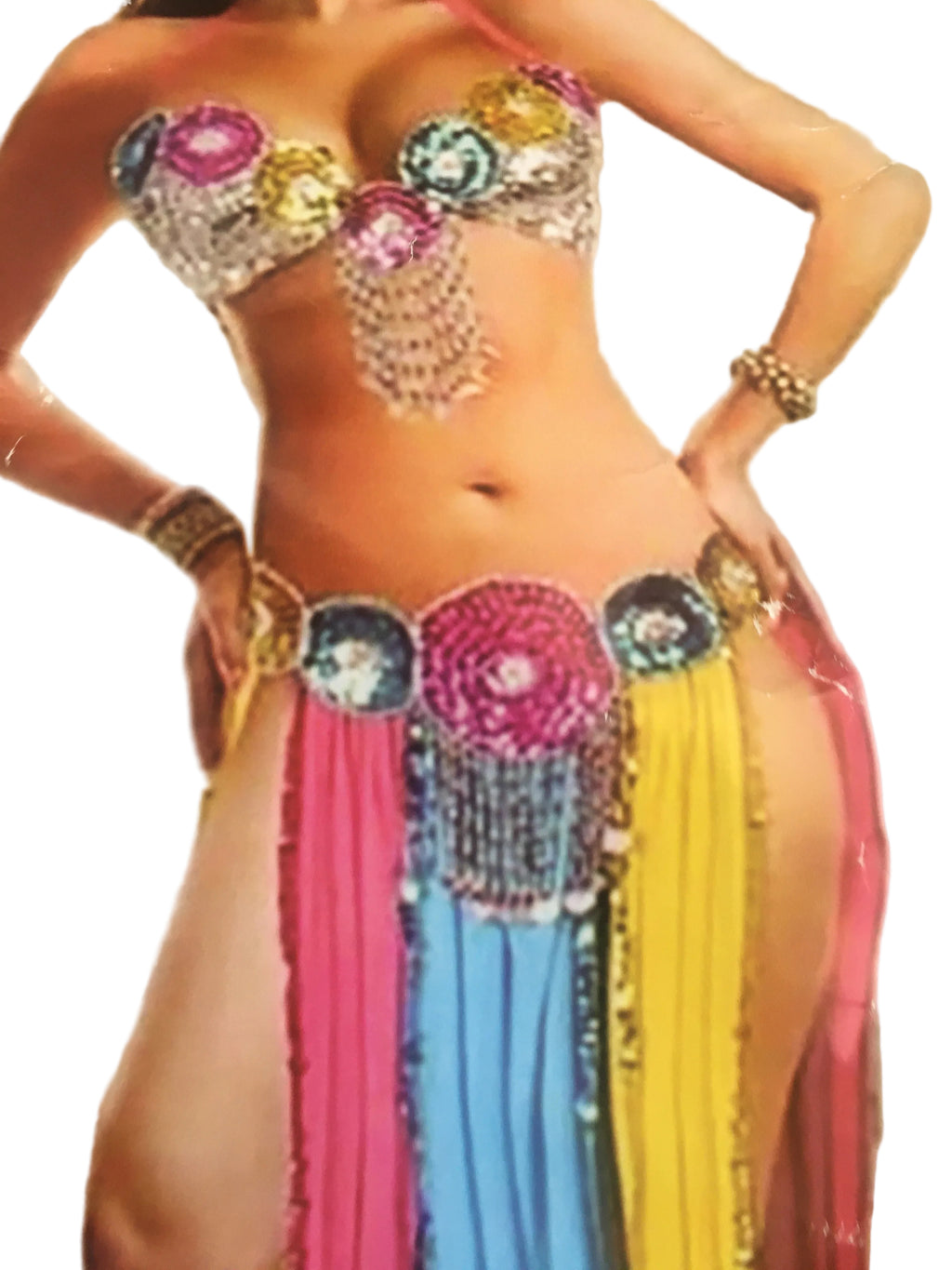 Colorful bikini with rhinestone embellishments on a plain background