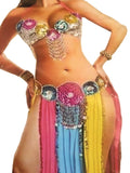 Colorful belly dancing costume with rhinestones and flowing fabric.