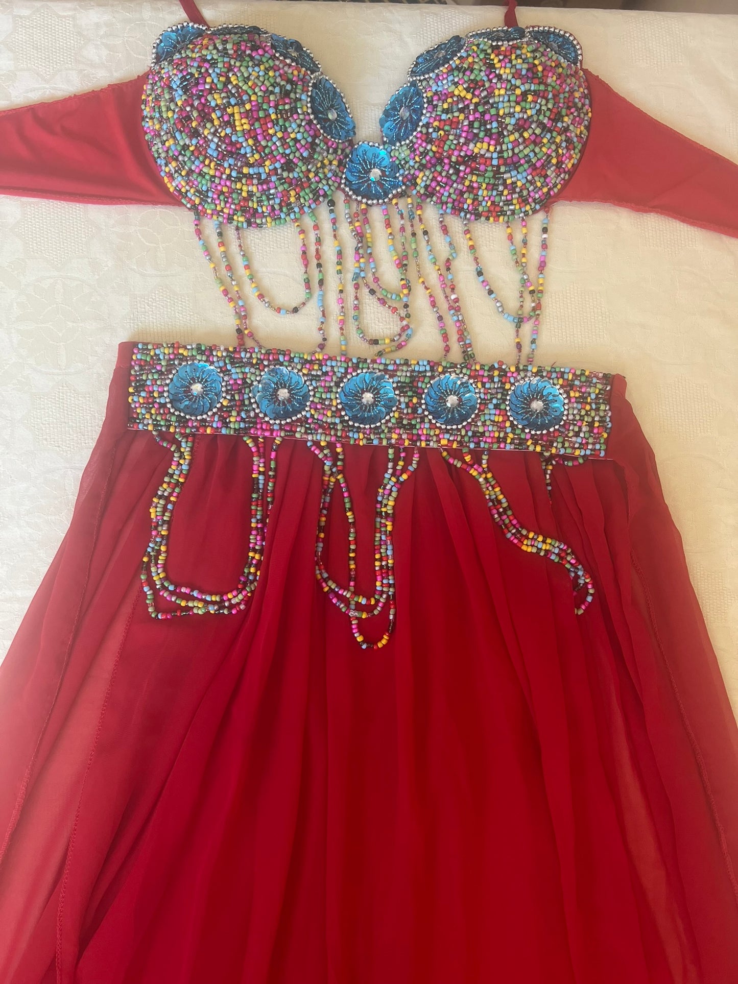 Egyptian Sexy Red belly dance costume, handmade M OR L outfit, belt, skirt, bra