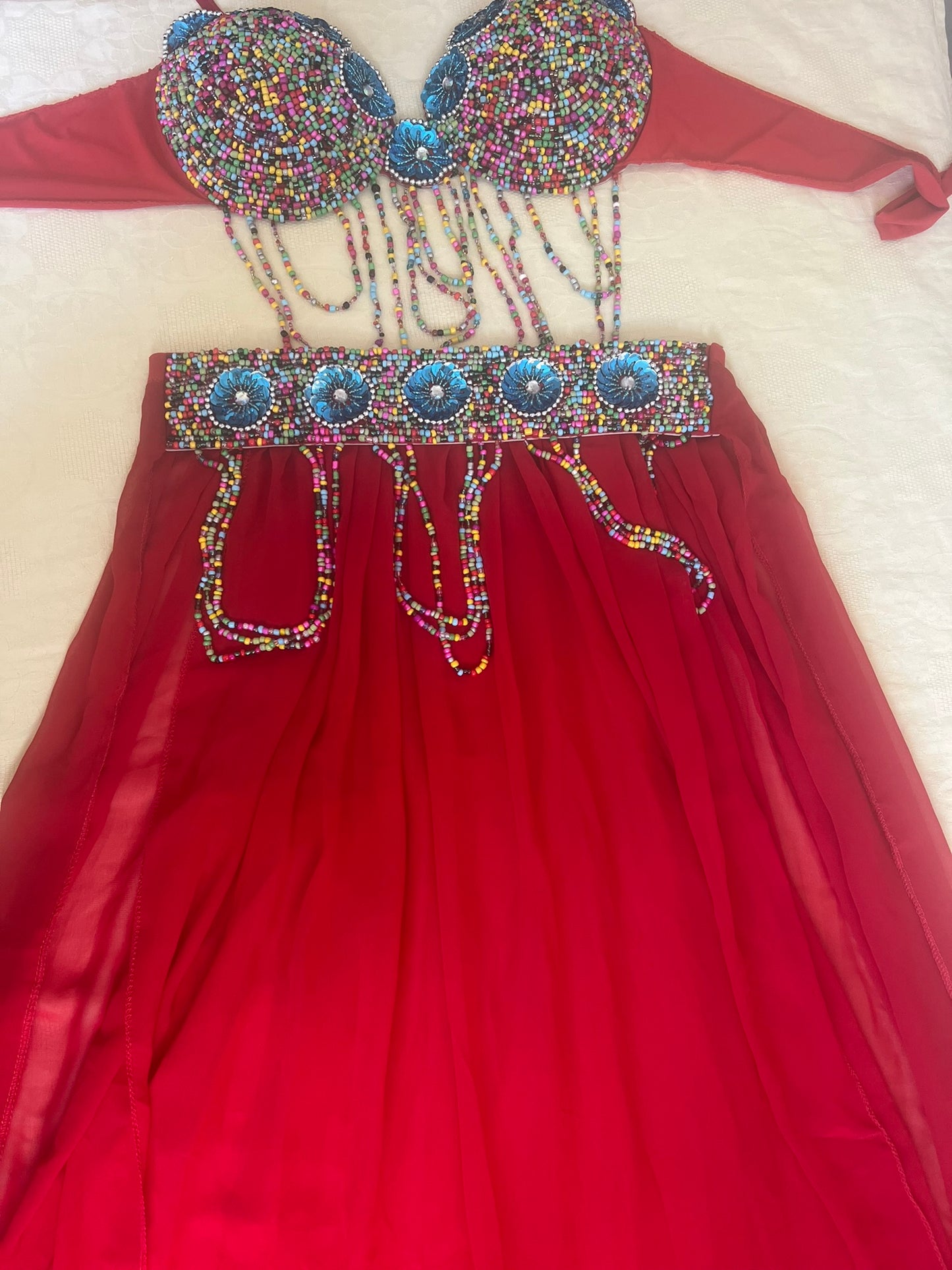 Egyptian Sexy Red belly dance costume, handmade M OR L outfit, belt, skirt, bra