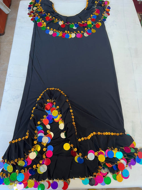 A multicolored belly dance dress with handmade embroidery, featuring a variety of colored circles and sequins, displayed on a mannequin.
