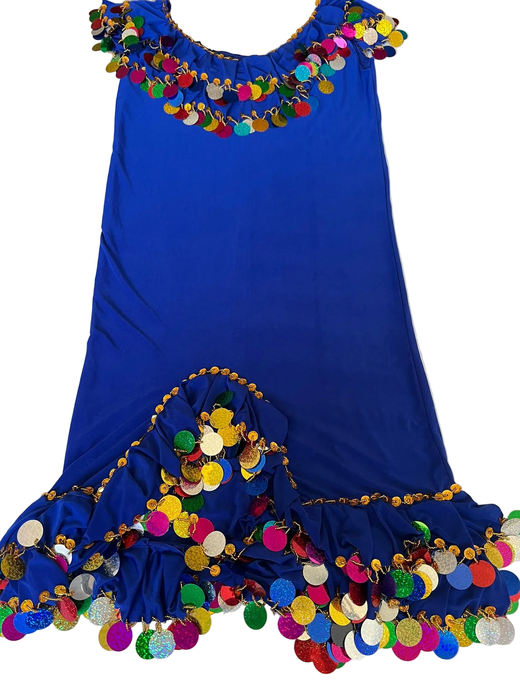 Blue dress with colorful pom-pom details on a white background