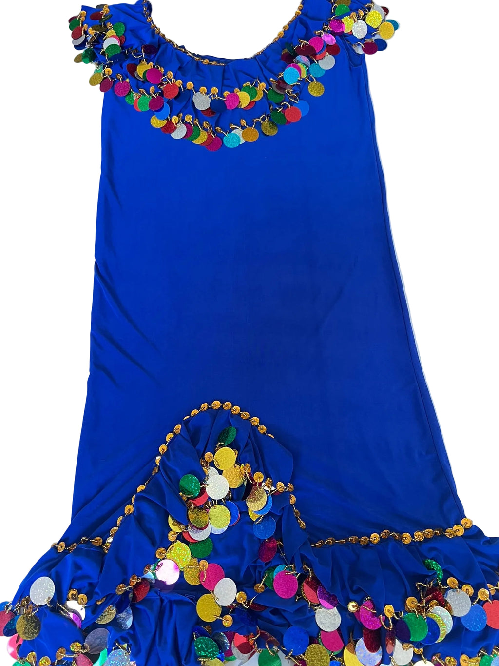Blue dress with colorful pom-pom details on a white background