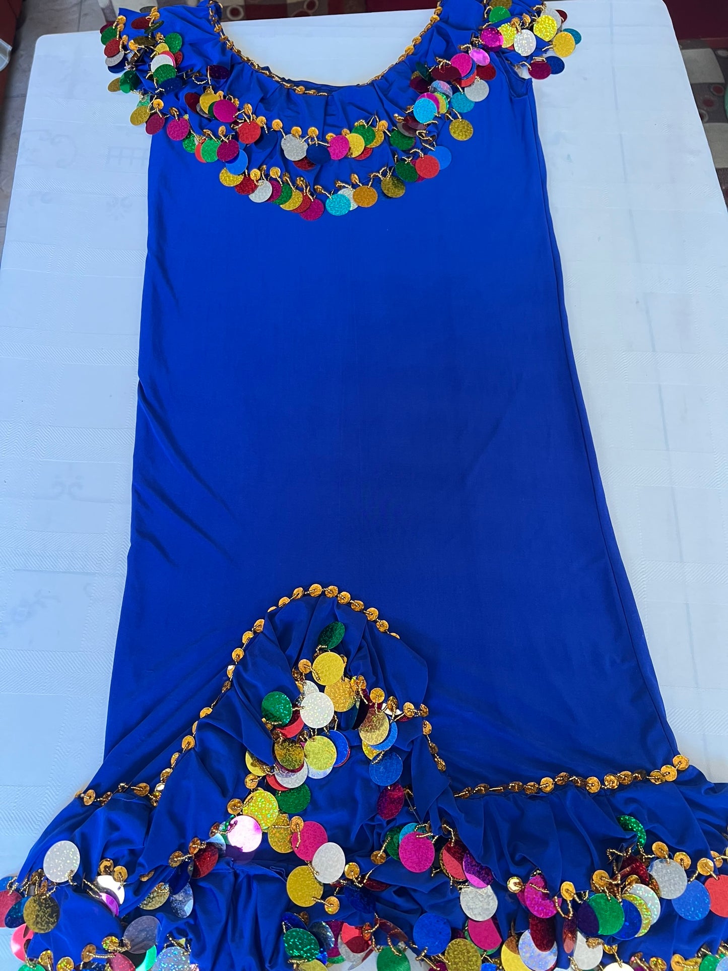 Vibrant Royal Blue Belly Dance Dress/ Handmade embellished belly dance Melaya dress sequined with multi colours large sequins