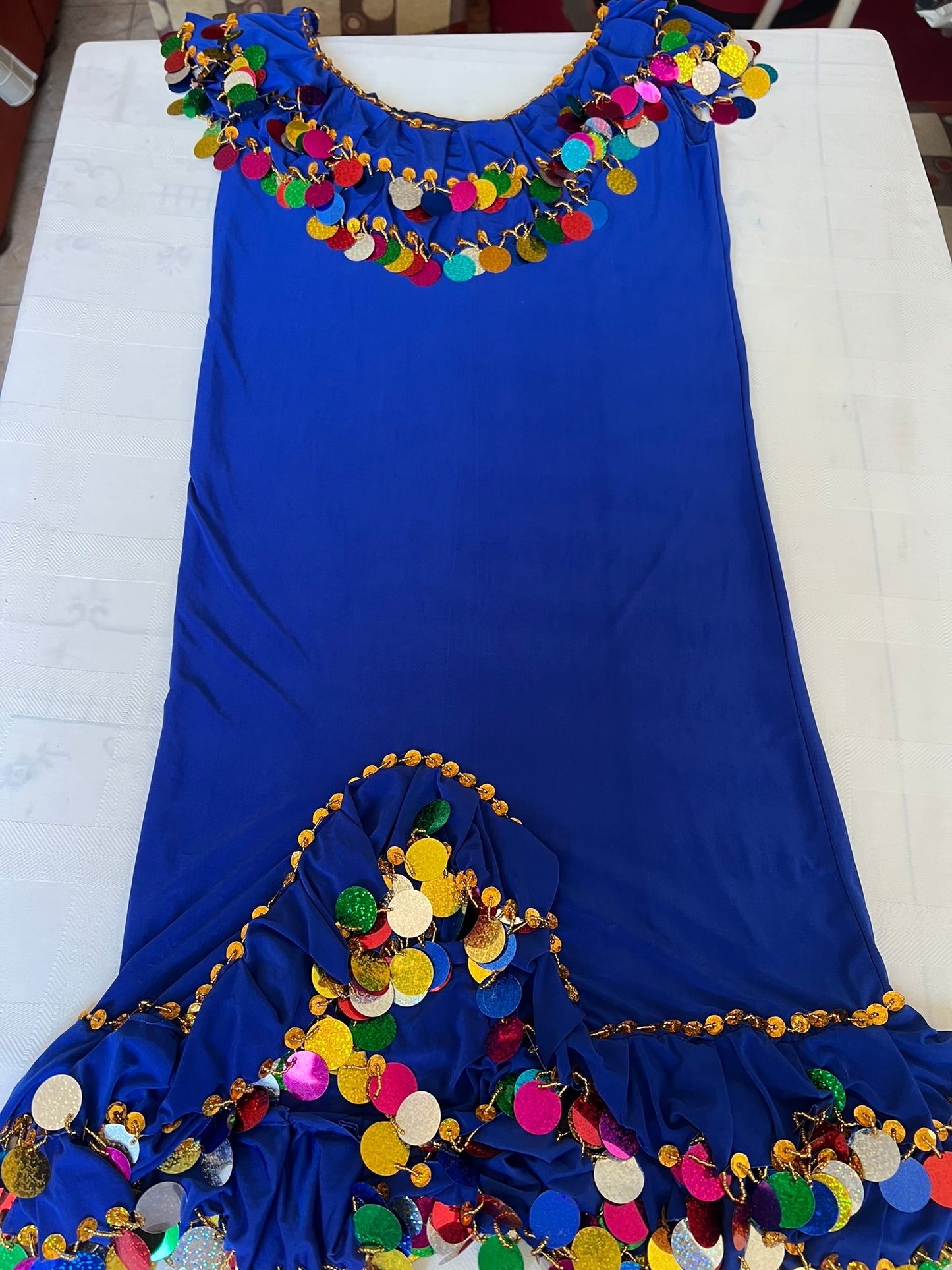 Vibrant Royal Blue Belly Dance Dress/ Handmade embellished belly dance Melaya dress sequined with multi colours large sequins