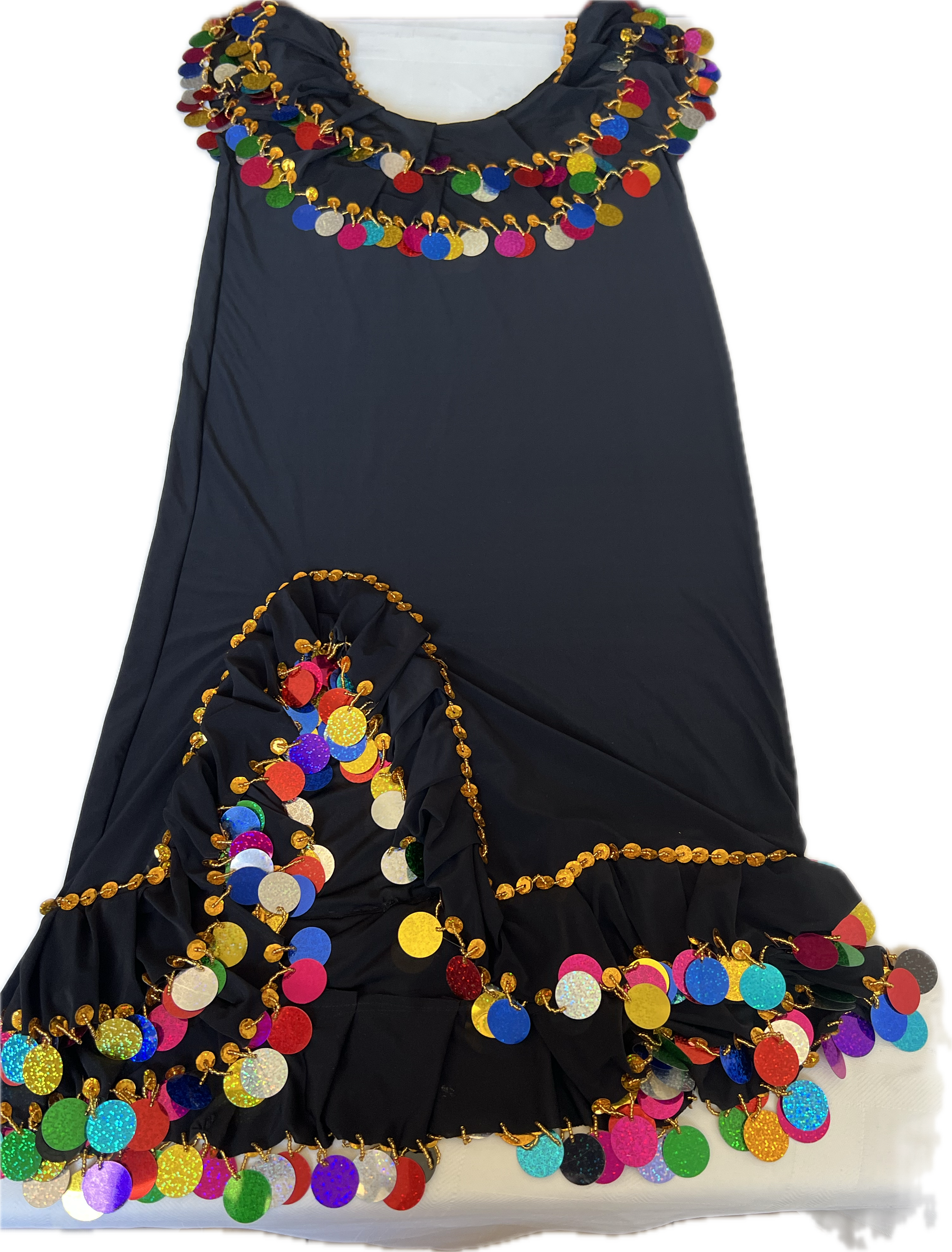A multicolored belly dance dress with handmade embroidery, featuring a variety of colored circles and sequins, displayed on a mannequin.