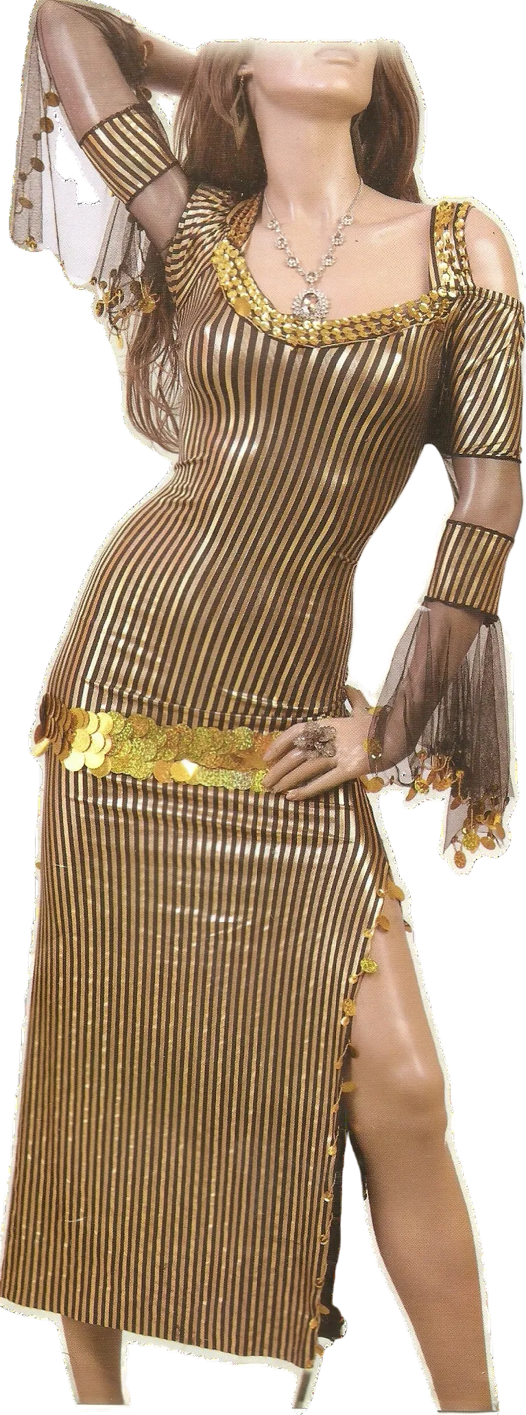 A woman wearing an Egyptian belly dance dress with stripes and embroidery details, in gold and other colors.