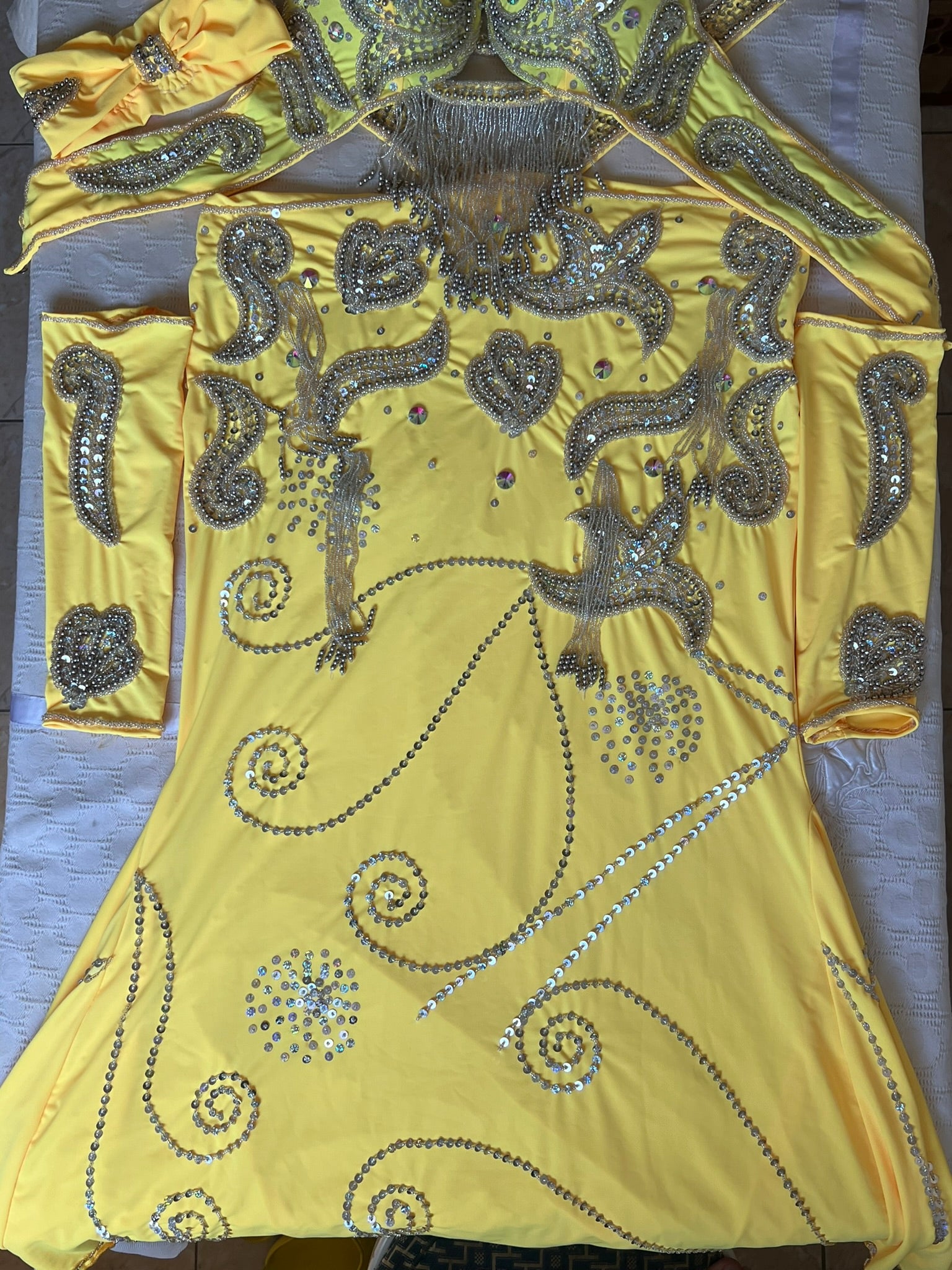 Vibrant Yellow Egyptian Belly Dance Costume, Custom-Made belly dance Dress, Handmade embroidered oriental outfit.