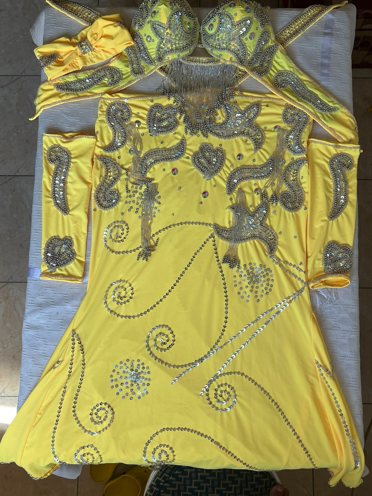 Vibrant Yellow Egyptian Belly Dance Costume, Custom-Made belly dance Dress, Handmade embroidered oriental outfit.