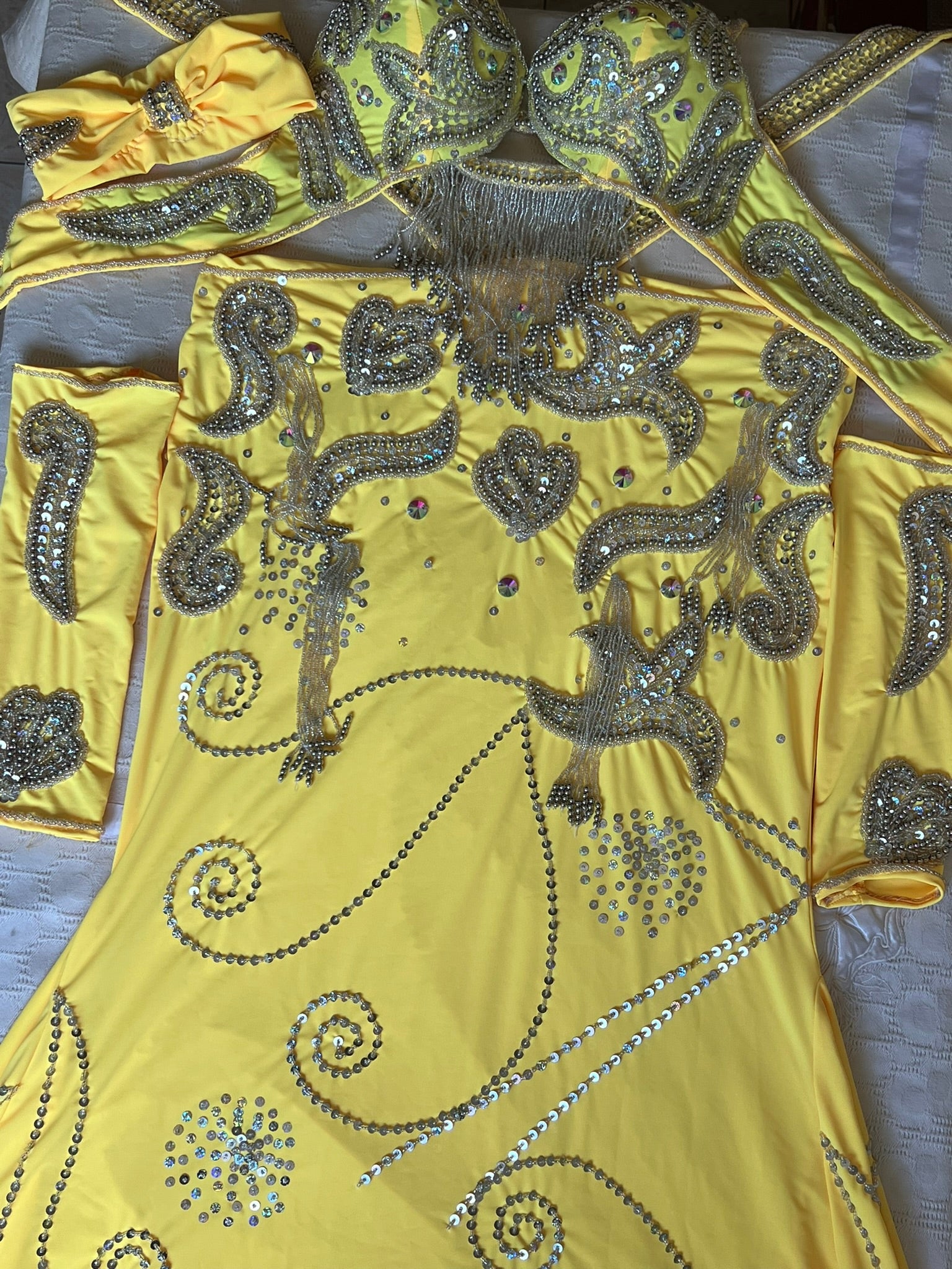 Vibrant Yellow Egyptian Belly Dance Costume, Custom-Made belly dance Dress, Handmade embroidered oriental outfit.