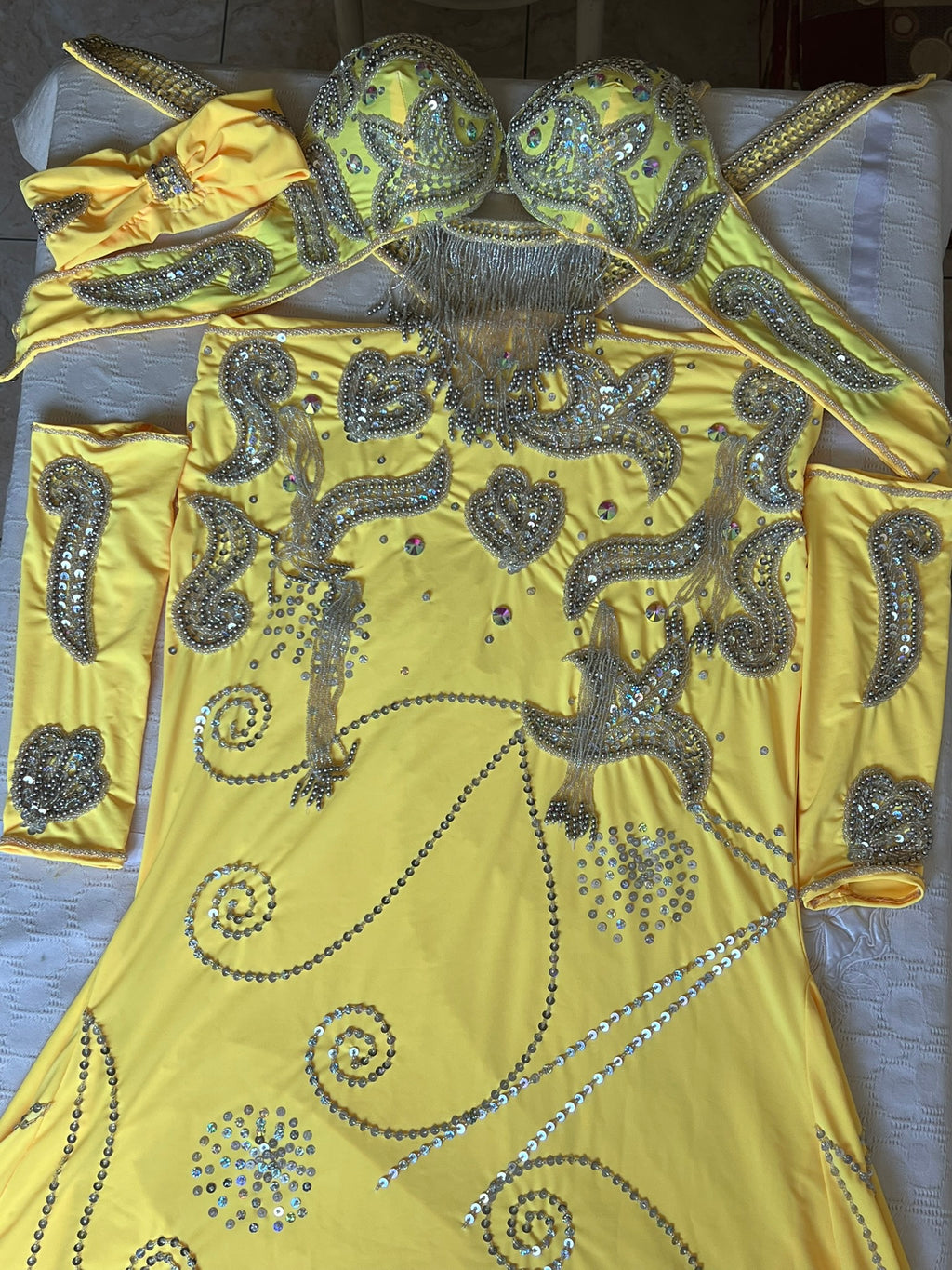 Vibrant Yellow Egyptian Belly Dance Costume, Custom-Made belly dance Dress, Handmade embroidered oriental outfit.