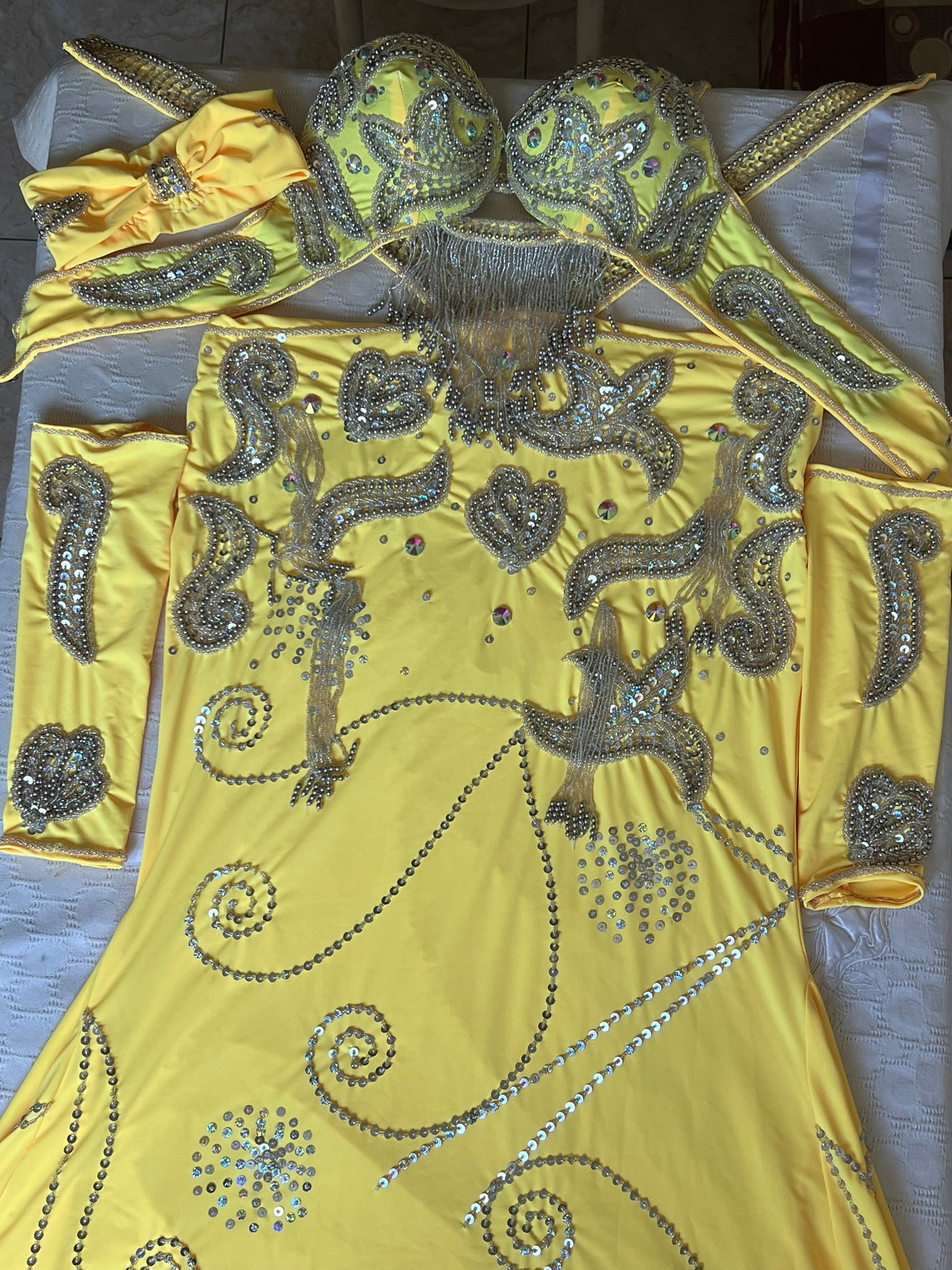 Vibrant Yellow Egyptian Belly Dance Costume, Custom-Made belly dance Dress, Handmade embroidered oriental outfit.