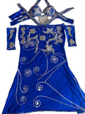 A custom-made blue belly dance costume with embroidered details, including a skirt, bra, and sleeves, adorned with glass beads and sequins.