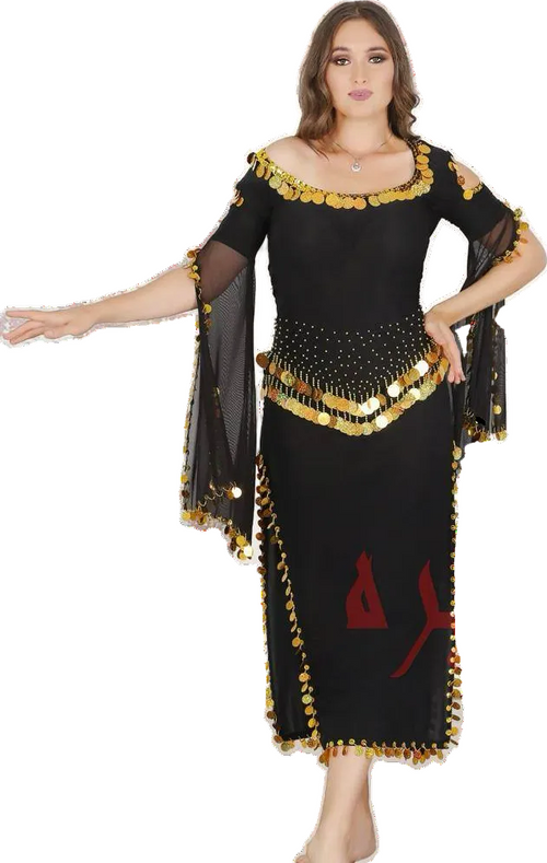 A model wearing an Egyptian belly dance costume with black and gold colors, featuring embroidery and a belt.