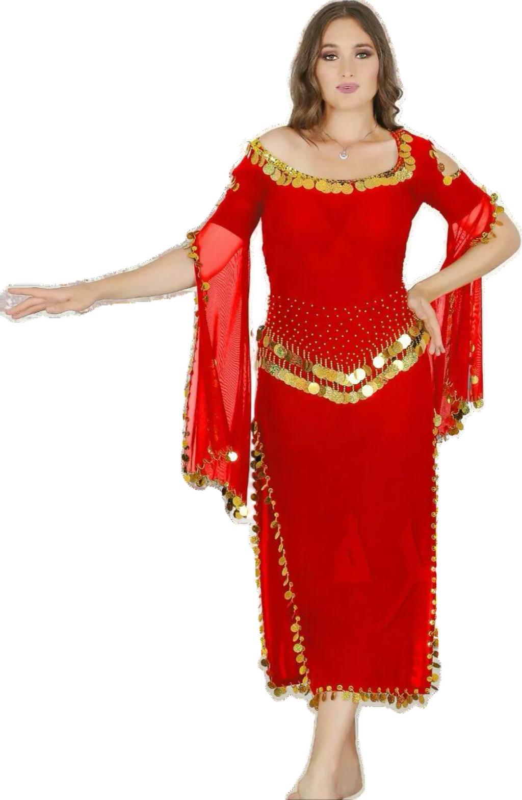 A woman modeling a red belly dance dress with gold and silver embroidery and a flowing abaya.