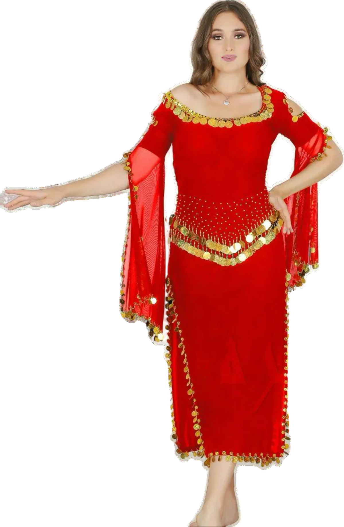 A woman modeling a red belly dance dress with gold and silver embroidery and a flowing abaya.