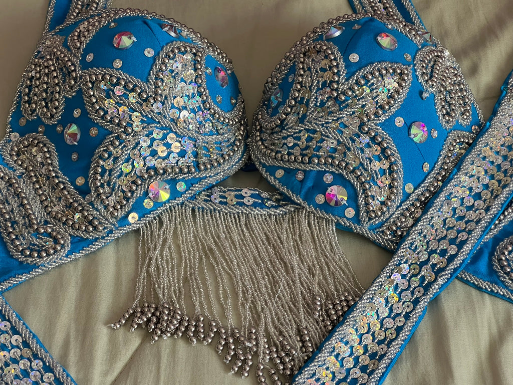 Stunning Turquoise Blue Egyptian Belly Dance Costume, Custom-Made belly dance Dress, Handmade embroidery oriental outfit, Tribal dance skirt & Bra