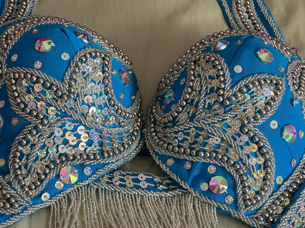 Stunning Turquoise Blue Egyptian Belly Dance Costume, Custom-Made belly dance Dress, Handmade embroidery oriental outfit, Tribal dance skirt & Bra