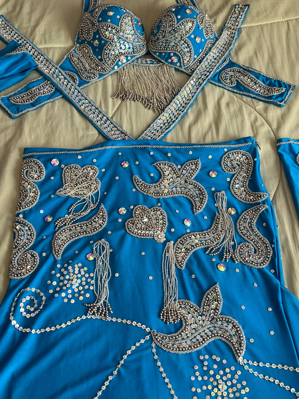 Stunning Turquoise Blue Egyptian Belly Dance Costume, Custom-Made belly dance Dress, Handmade embroidery oriental outfit, Tribal dance skirt & Bra
