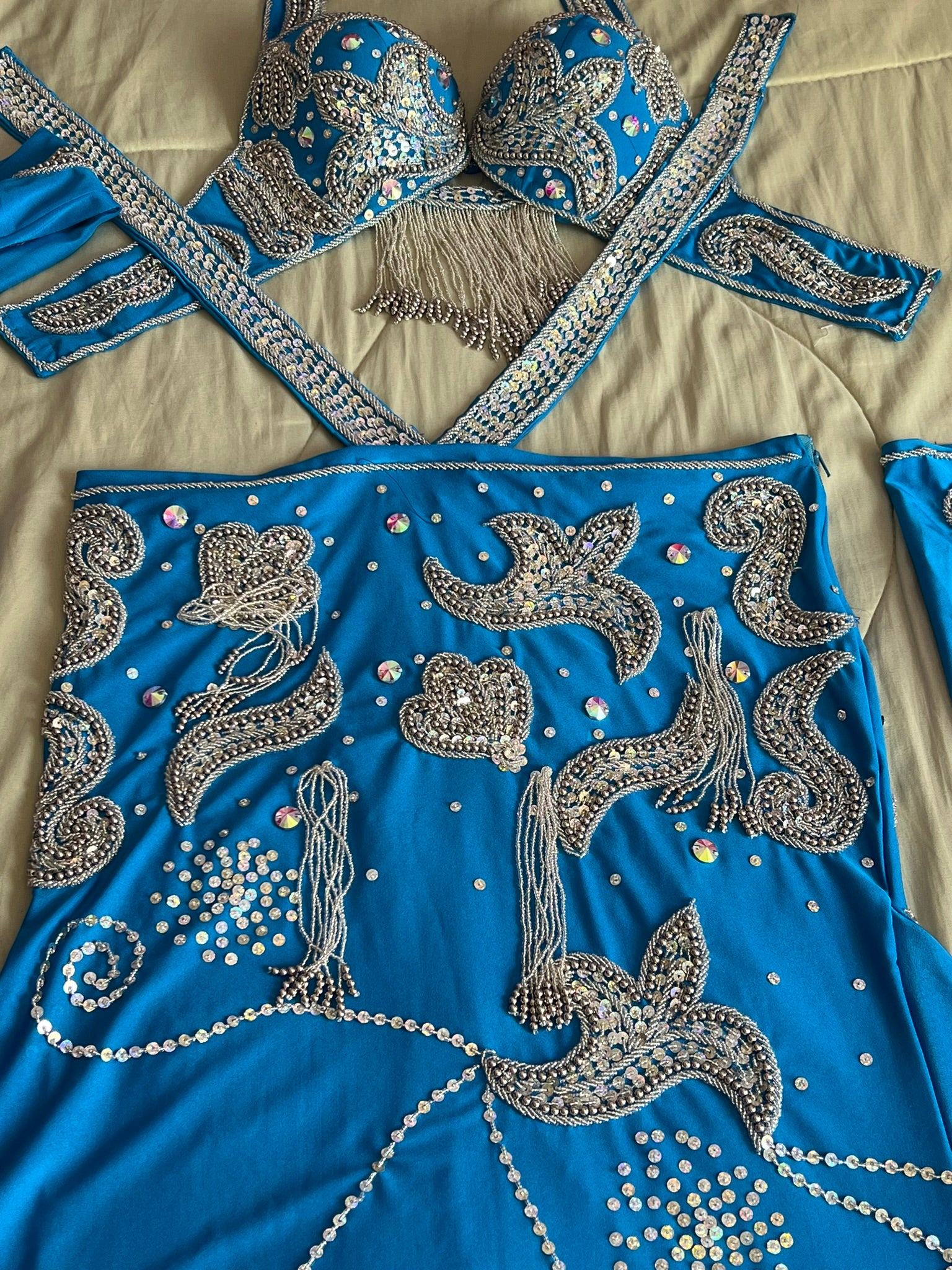 Stunning Turquoise Blue Egyptian Belly Dance Costume, Custom-Made belly dance Dress, Handmade embroidery oriental outfit, Tribal dance skirt & Bra