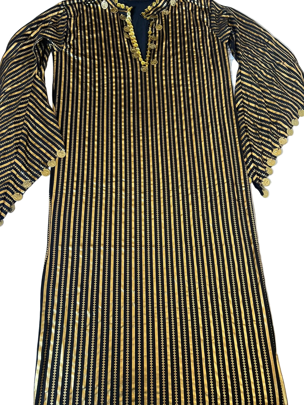 A striped belly dance dress with long sleeves and embroidered details, predominantly in black and yellow colors.