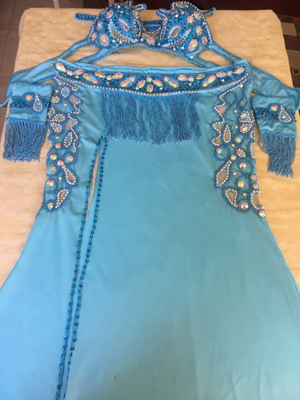 Handmade Egyptian Belly Dance Costume – Custom Lycra Outfit with Sexy Cutouts, Bra, Skirt & Sleeves – Luxor Bazar Exclusive