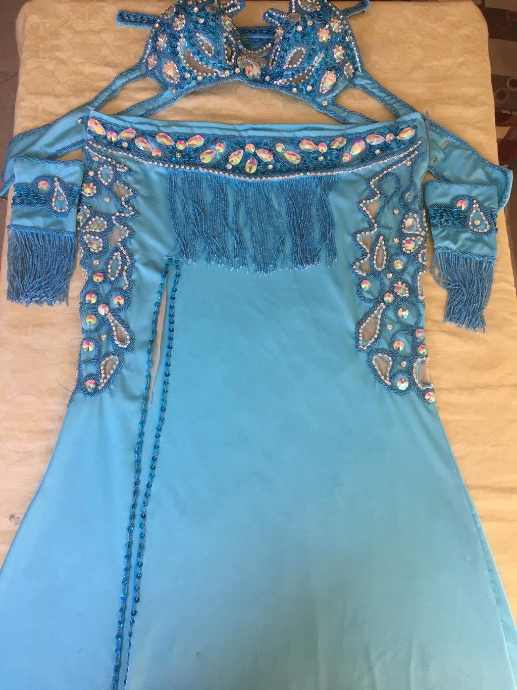 Handmade Egyptian Belly Dance Costume – Custom Lycra Outfit with Sexy Cutouts, Bra, Skirt & Sleeves – Luxor Bazar Exclusive
