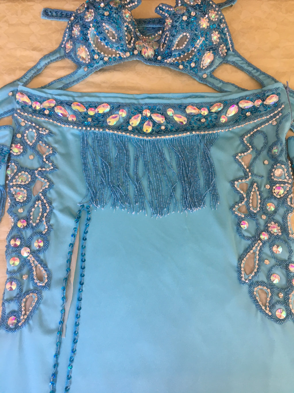 Handmade Egyptian Belly Dance Costume – Custom Lycra Outfit with Sexy Cutouts, Bra, Skirt & Sleeves – Luxor Bazar Exclusive