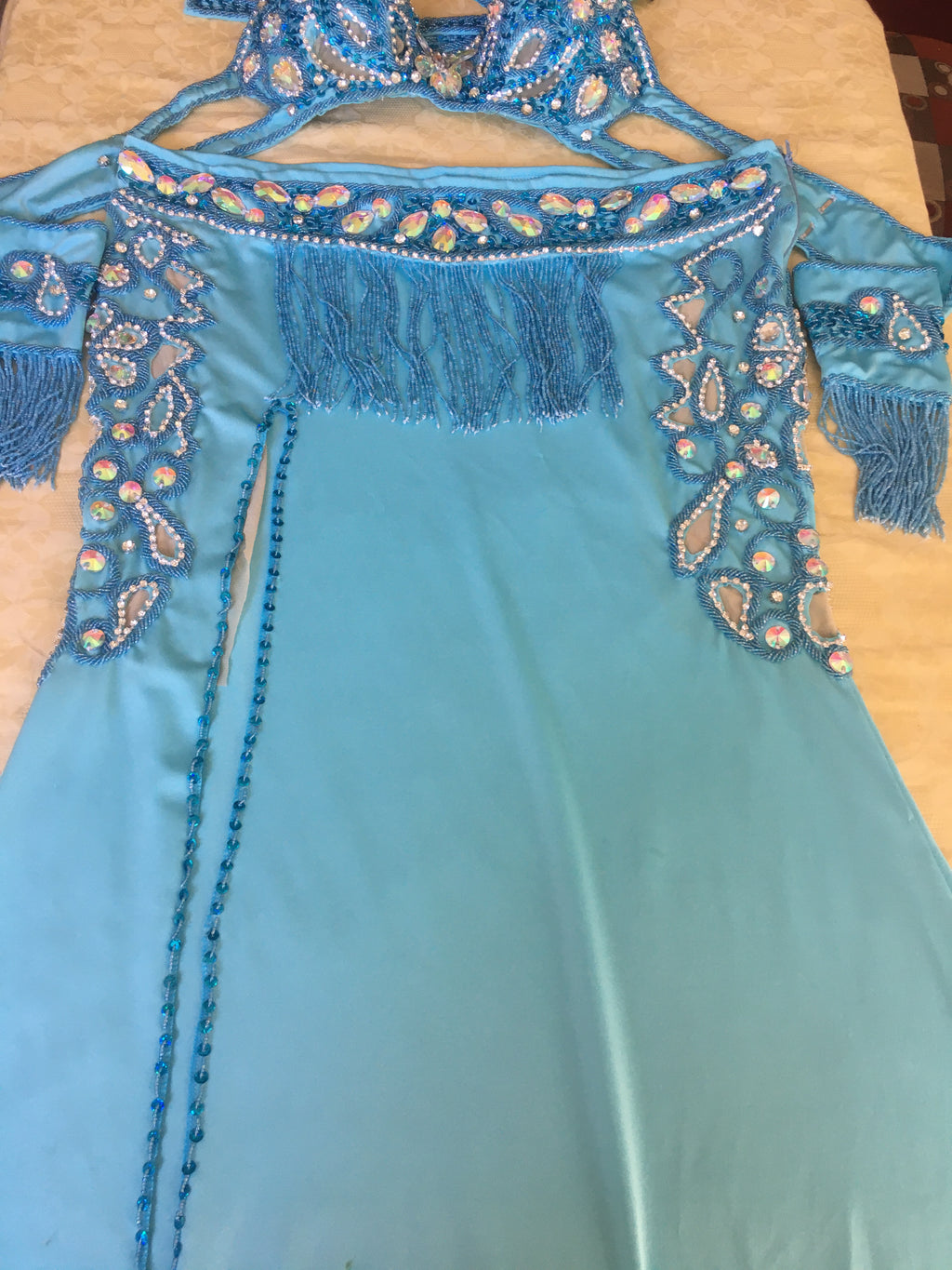 Handmade Egyptian Belly Dance Costume – Custom Lycra Outfit with Sexy Cutouts, Bra, Skirt & Sleeves – Luxor Bazar Exclusive