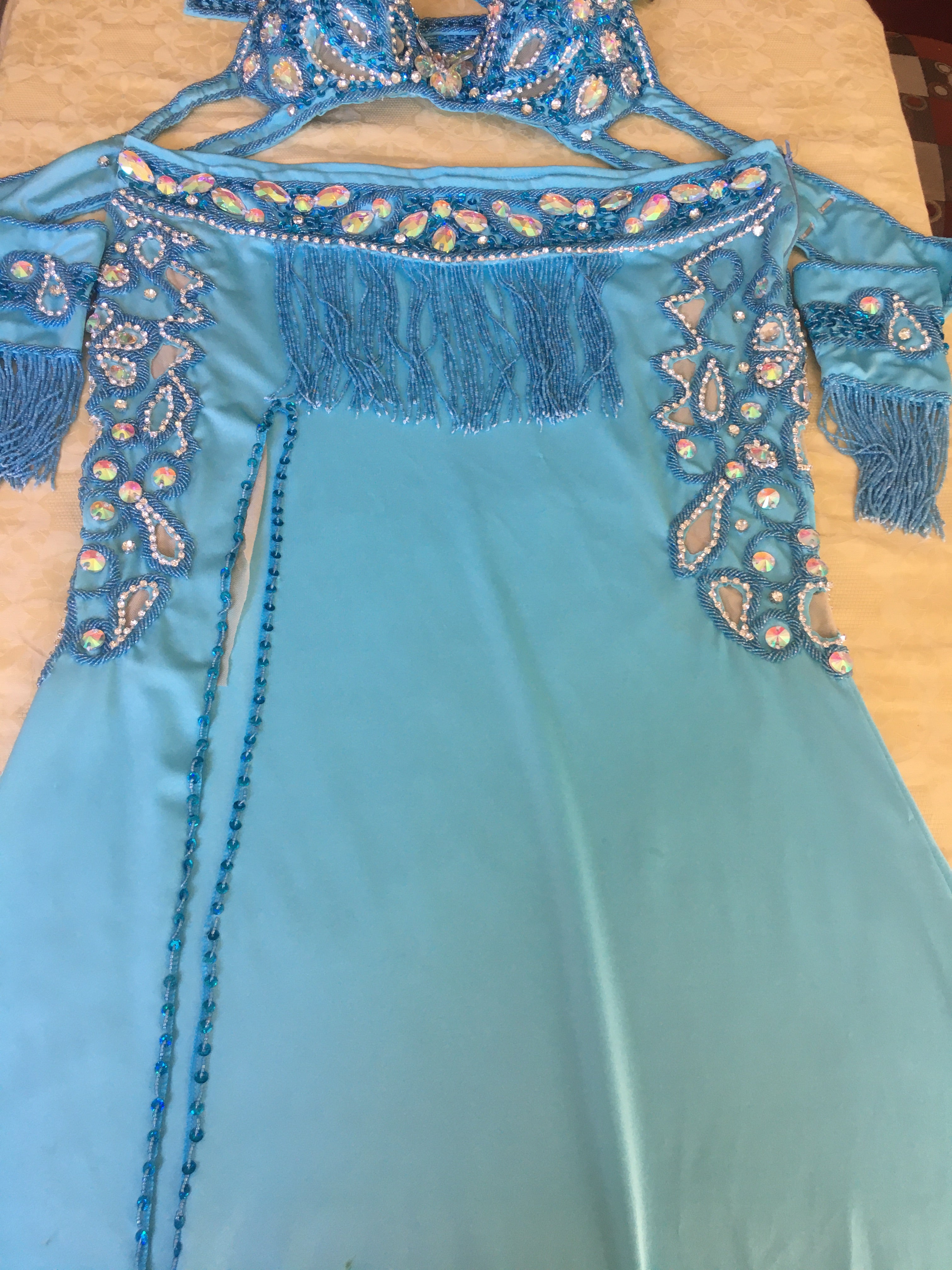 Handmade Egyptian Belly Dance Costume – Custom Lycra Outfit with Sexy Cutouts, Bra, Skirt & Sleeves – Luxor Bazar Exclusive