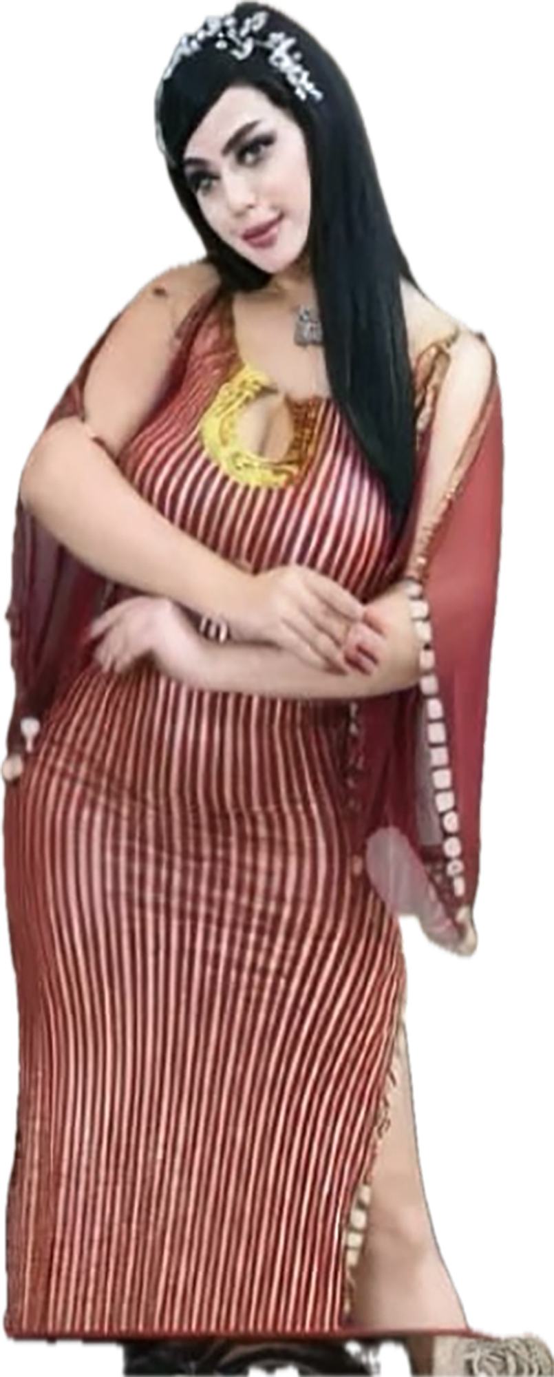 An Egyptian belly dance dress with black and silver stripes and embroidery, featuring a V-neckline and sleeveless design.
