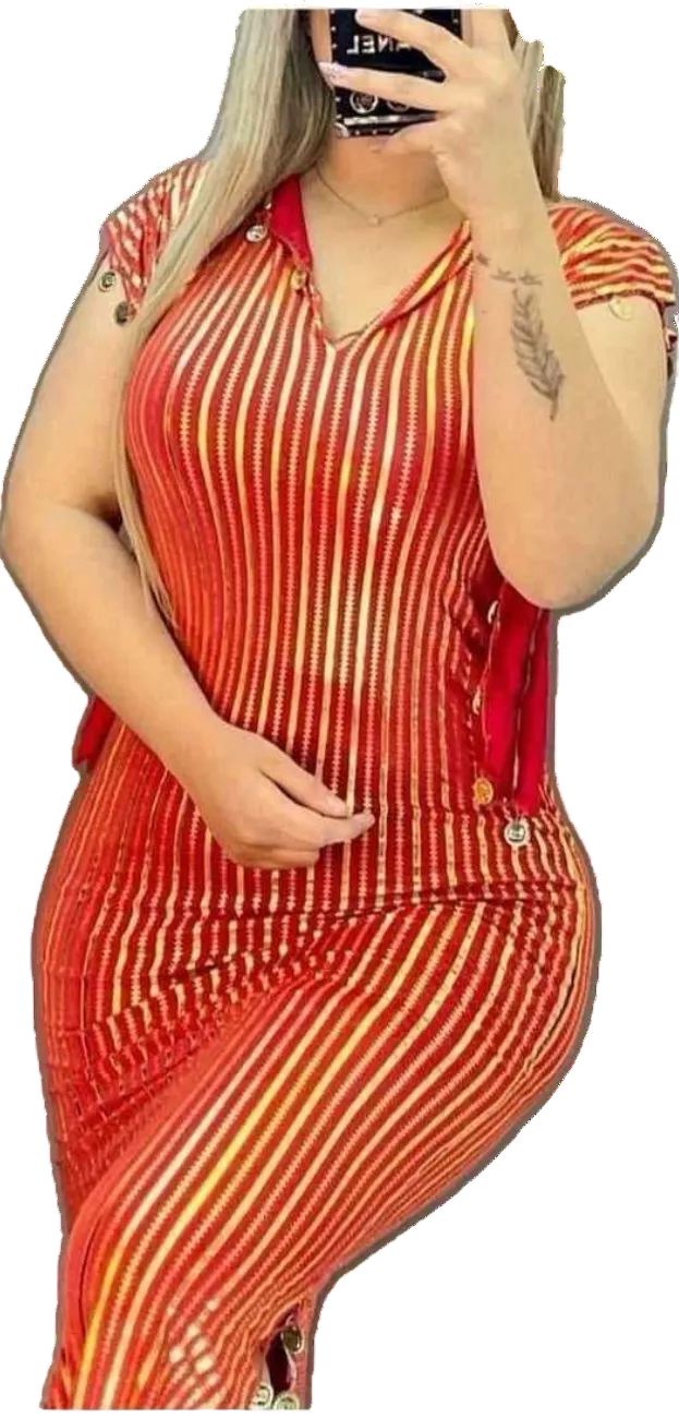 Person wearing a red and orange striped outfit with a blurred background